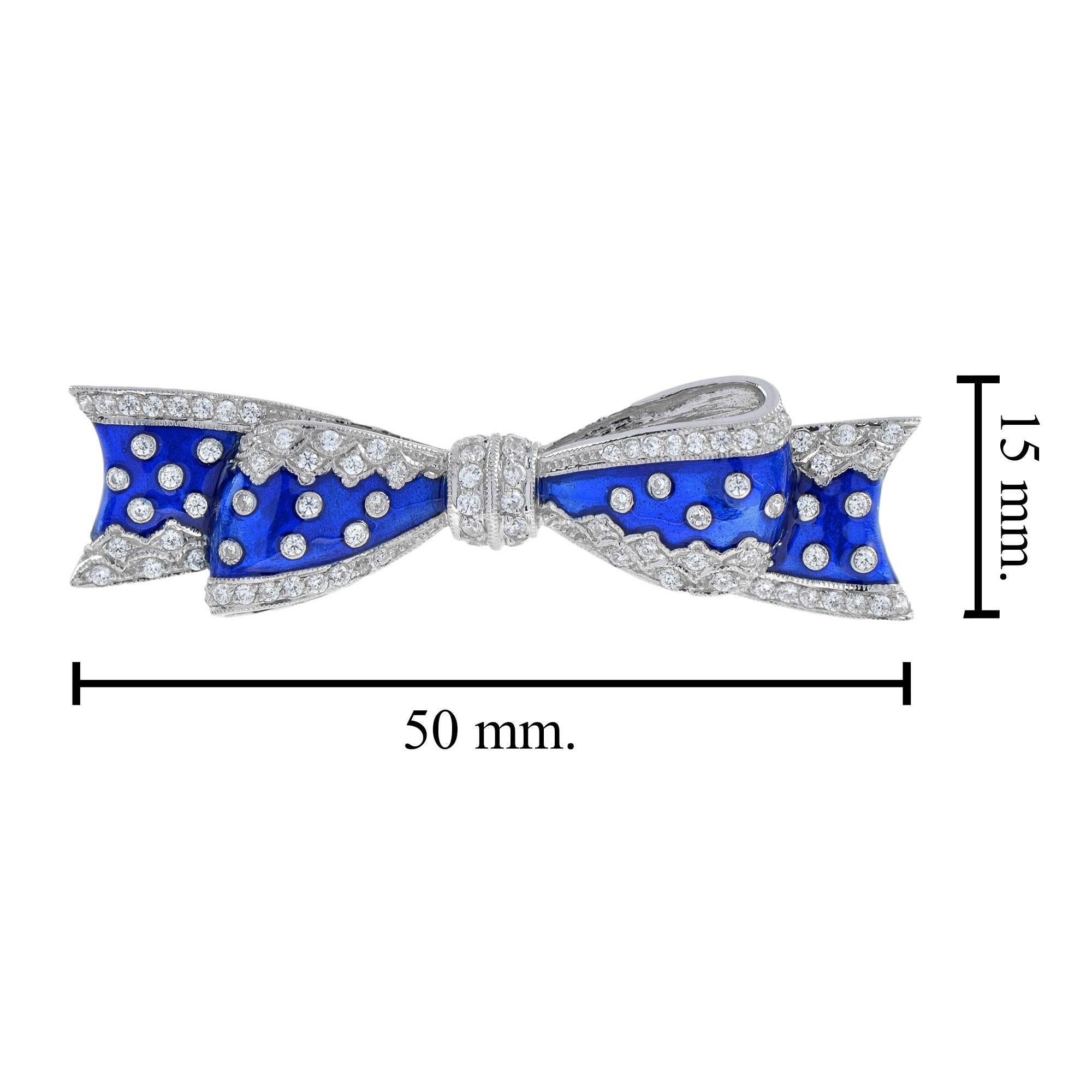 Round Cut Vintage Style Diamond and Blue Enamel Ribbon Bow Pin Brooch in 14K White Gold For Sale