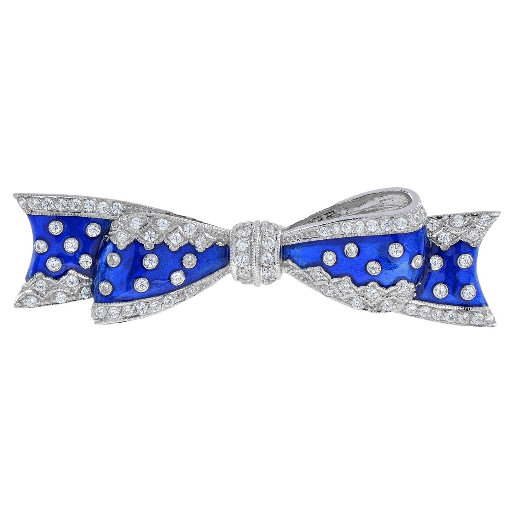 Vintage Style Diamond and Blue Enamel Ribbon Bow Pin Brooch in 14K White Gold For Sale