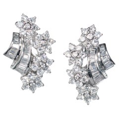 Vintage Style Diamond And Platinum Floral Clip Earrings, 4.12 Carats