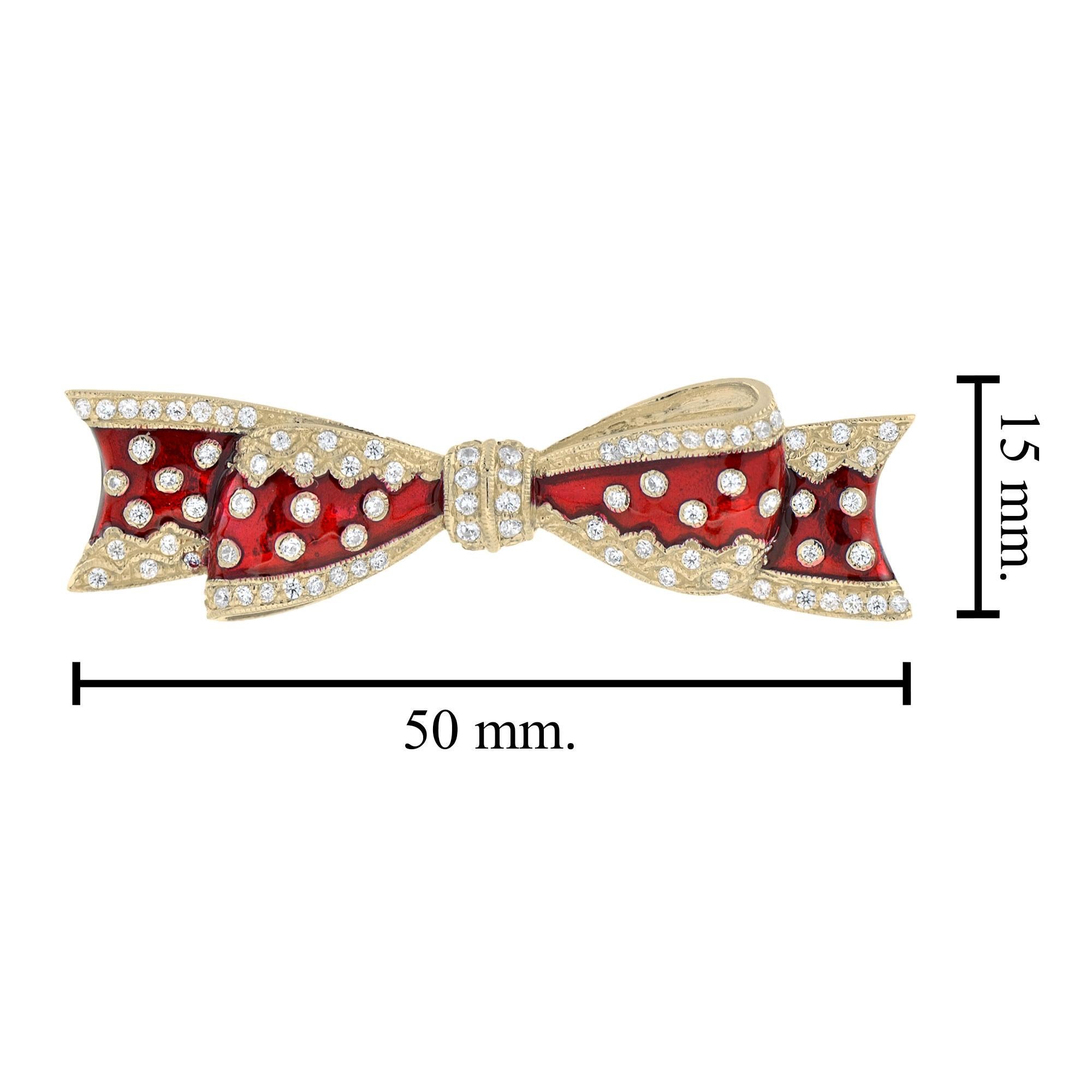 Round Cut Vintage Style Diamond and Red Enamel Ribbon Bow Pin Brooch in 14K Yellow Gold For Sale