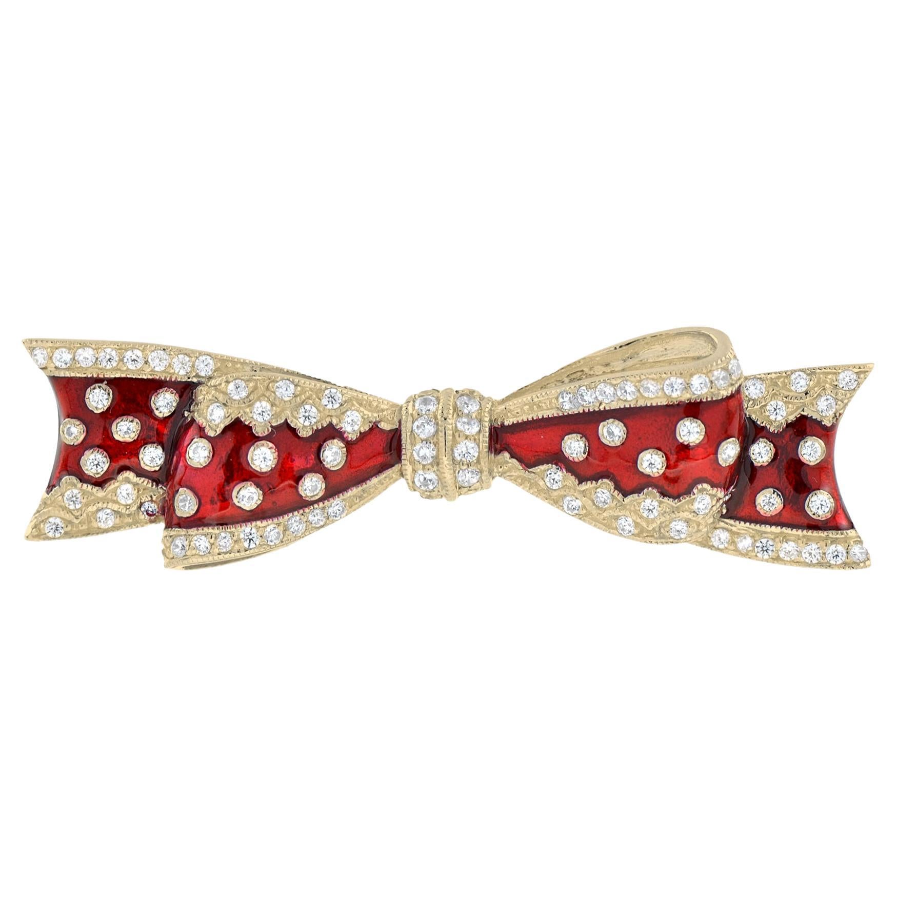 Vintage Style Diamond and Red Enamel Ribbon Bow Pin Brooch in 14K Yellow Gold For Sale