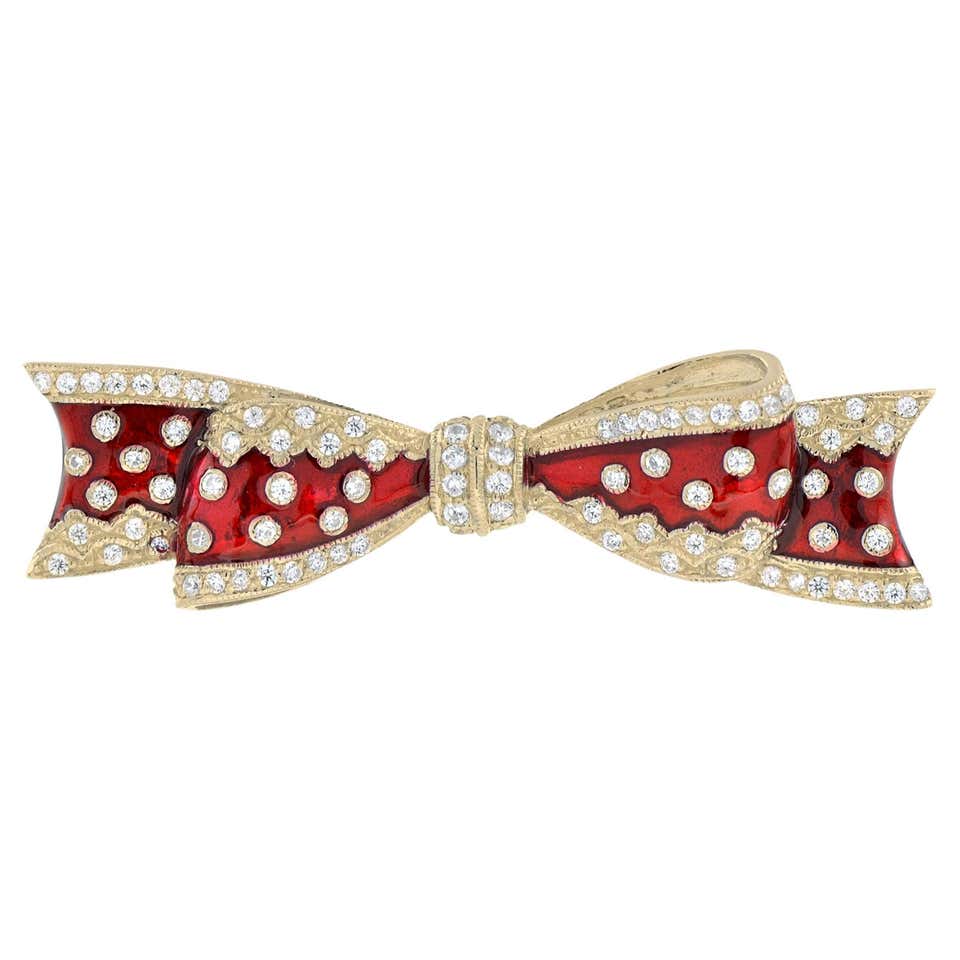 Vintage Style Diamond and Red Enamel Ribbon Bow Pin Brooch in 14K ...
