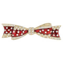 Vintage Style Diamond and Red Enamel Ribbon Bow Pin Brooch in 14K Yellow Gold