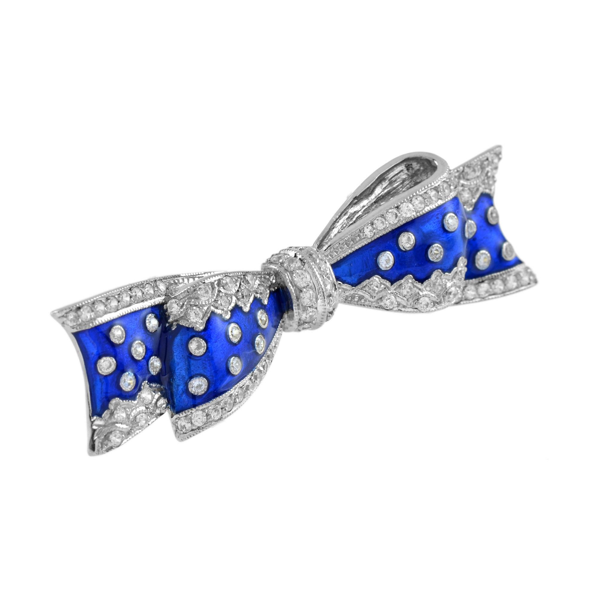 A vintage style diamond and blue enamel in white gold bow ribbon pin or brooch. The pin is in the shape of a bow and is covered by sparking diamonds. The pin is great for a gift for your beloved one or for yourself.
Information
Metal: 14K White