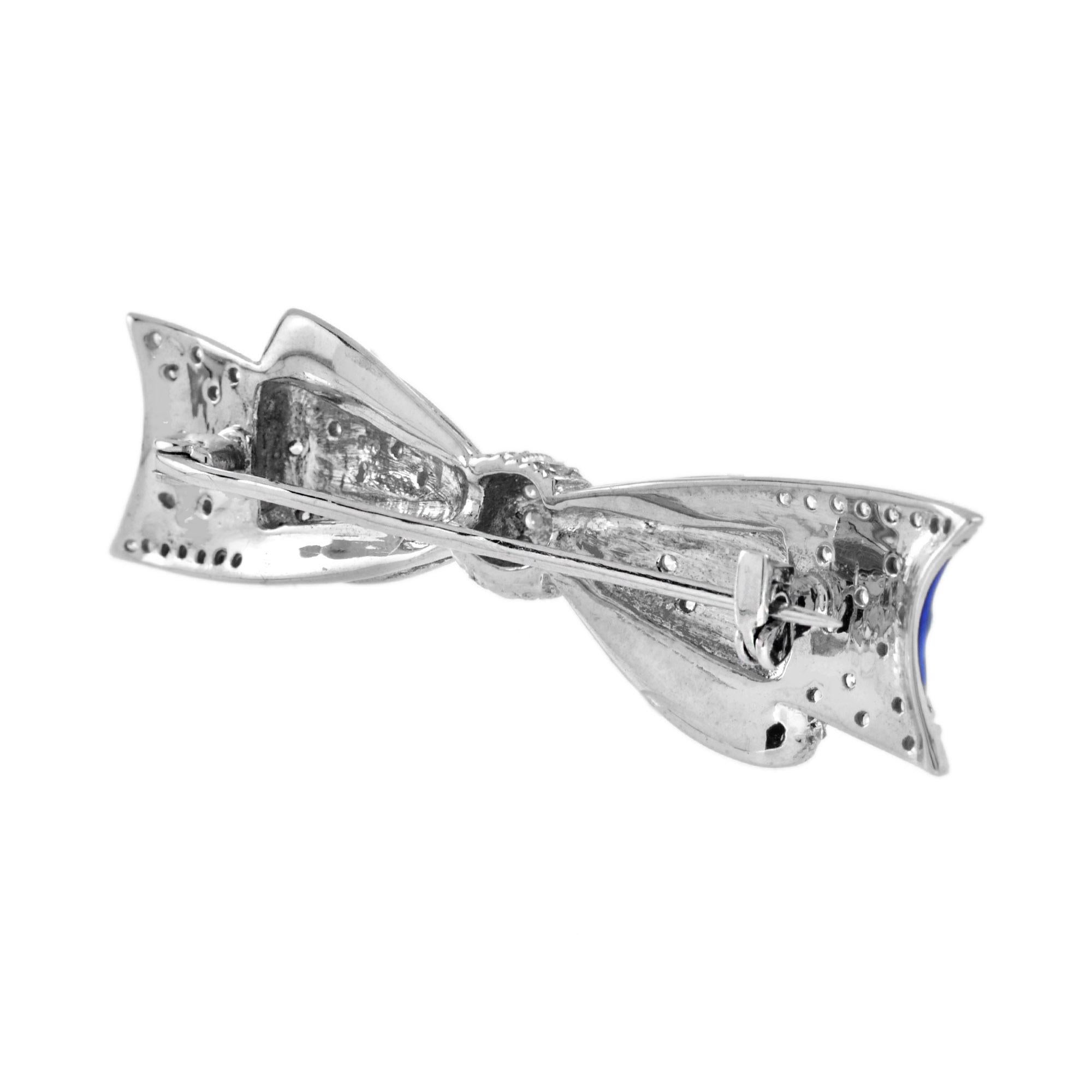 Vintage Style Diamond & Blue Enamel Ribbon Bow 14K White Gold Pin Brooch (Rundschliff) im Angebot