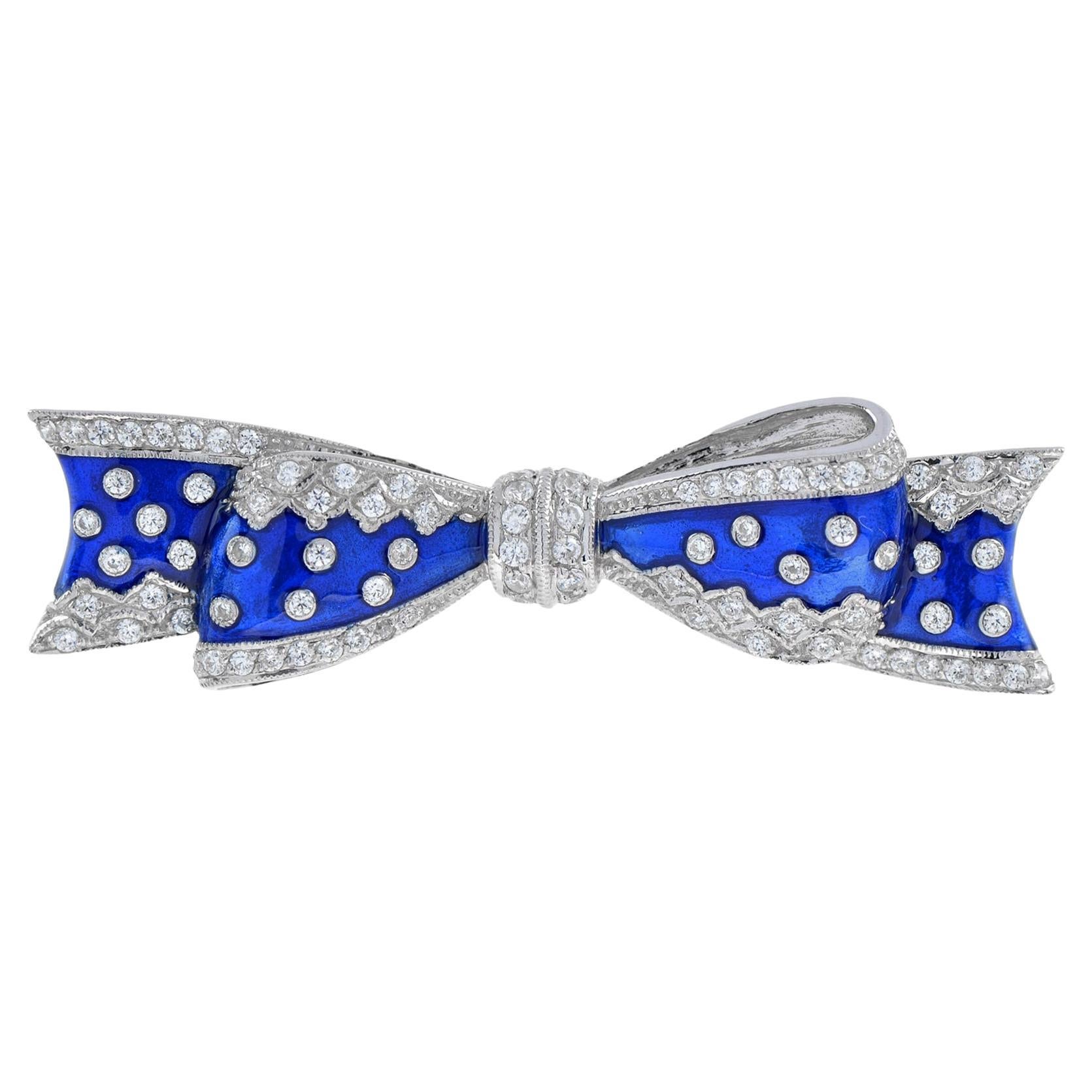 Vintage Style Diamond & Blue Enamel Ribbon Bow 14K White Gold Pin Brooch