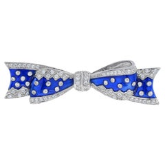 Vintage Style Diamond & Blue Enamel Ribbon Bow 14K White Gold Pin Brooch
