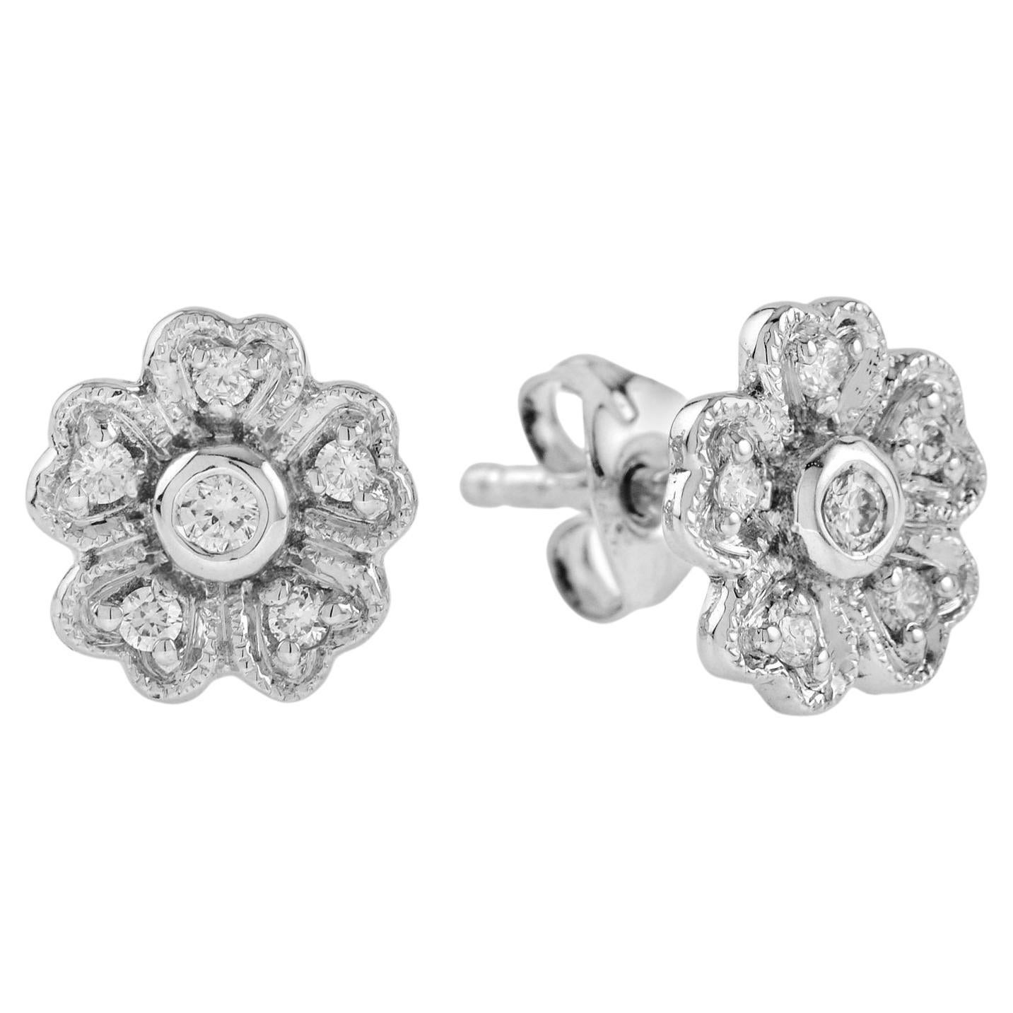 Vintage Style Diamond Cluster Stud Earrings in 14k White Gold For Sale