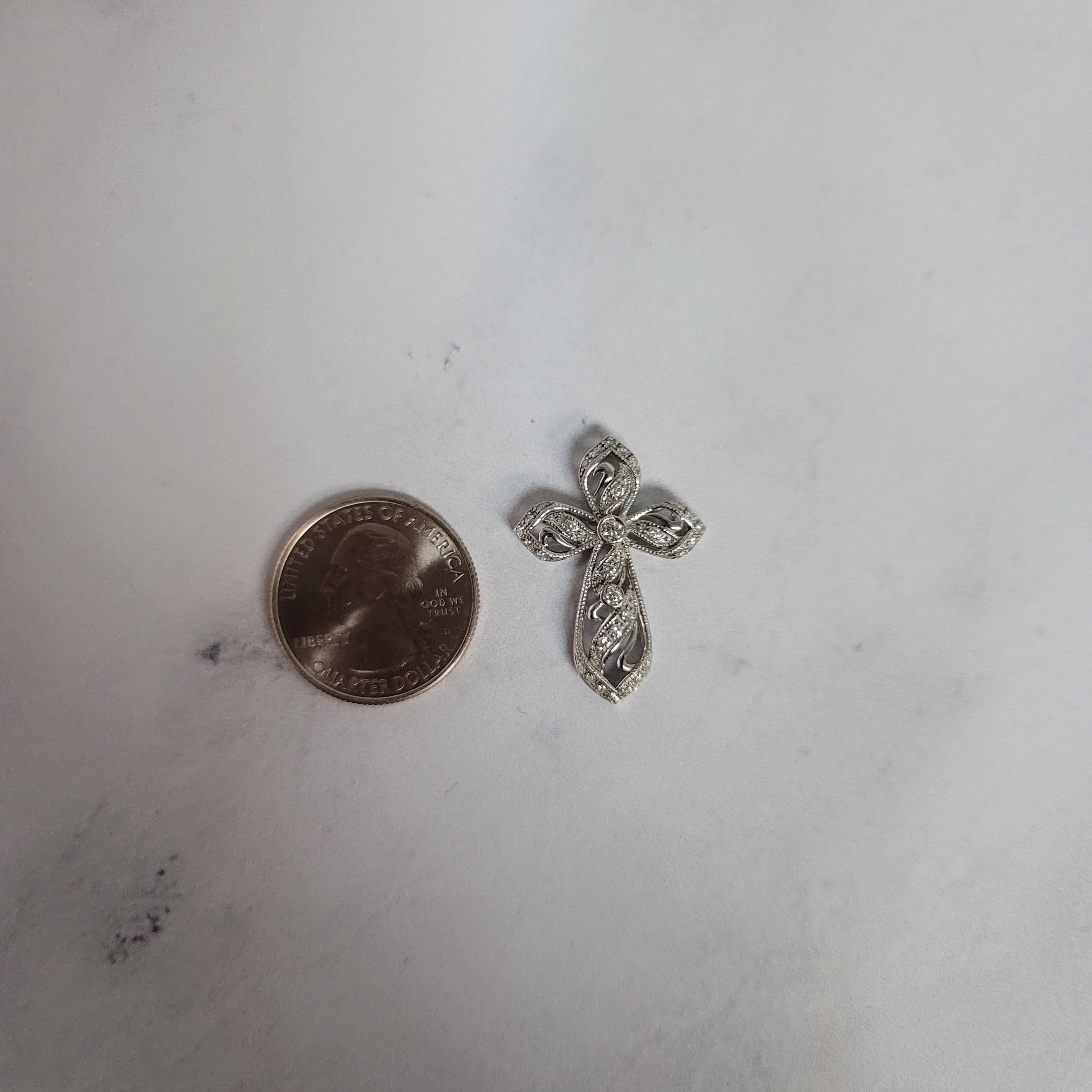 Round Cut Vintage Style Diamond Cross Pendant .50cttw 14k White Gold For Sale