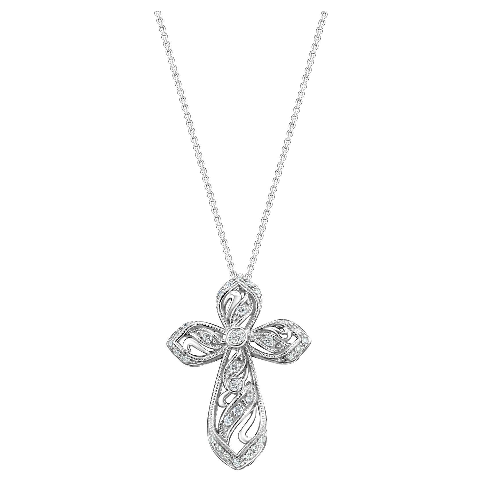 Pendentif croix en diamant style vintage .50cttw 14k or blanc