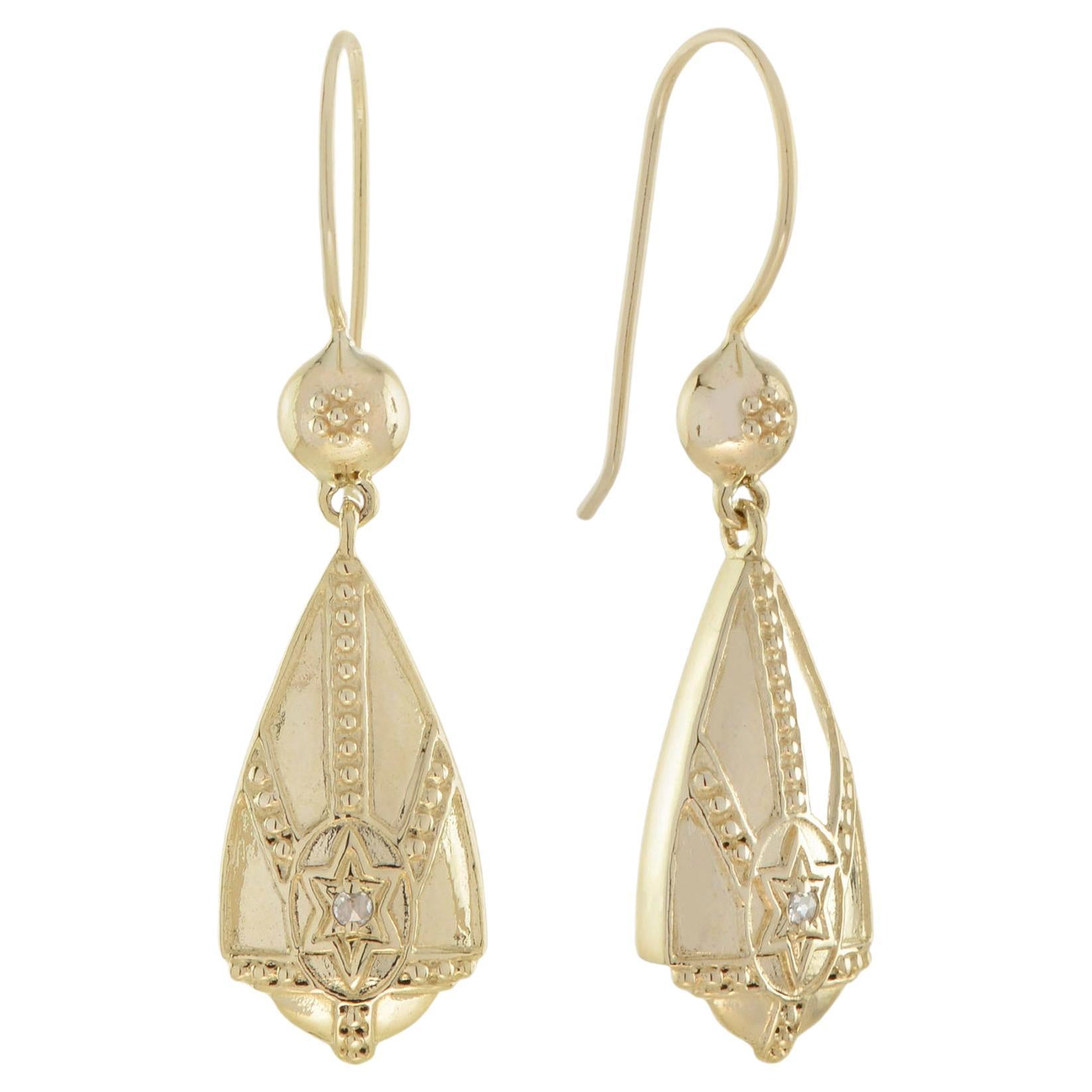 Vintage Style Diamond Drop Earrings in 9k Yellow Gold For Sale