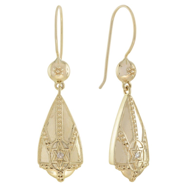 Vintage Style Diamond Drop Earrings in 9k Yellow Gold For Sale at 1stDibs