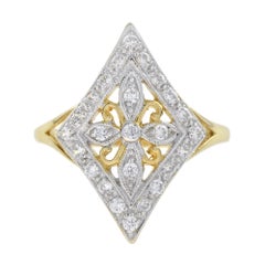 Vintage Style Diamond Floral Diamond Shape Filigree 14K Yellow Gold Fleur Ring