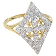 Vintage Style Diamond Floral Diamond Shape Filigree 14K Yellow Gold Fleur Ring