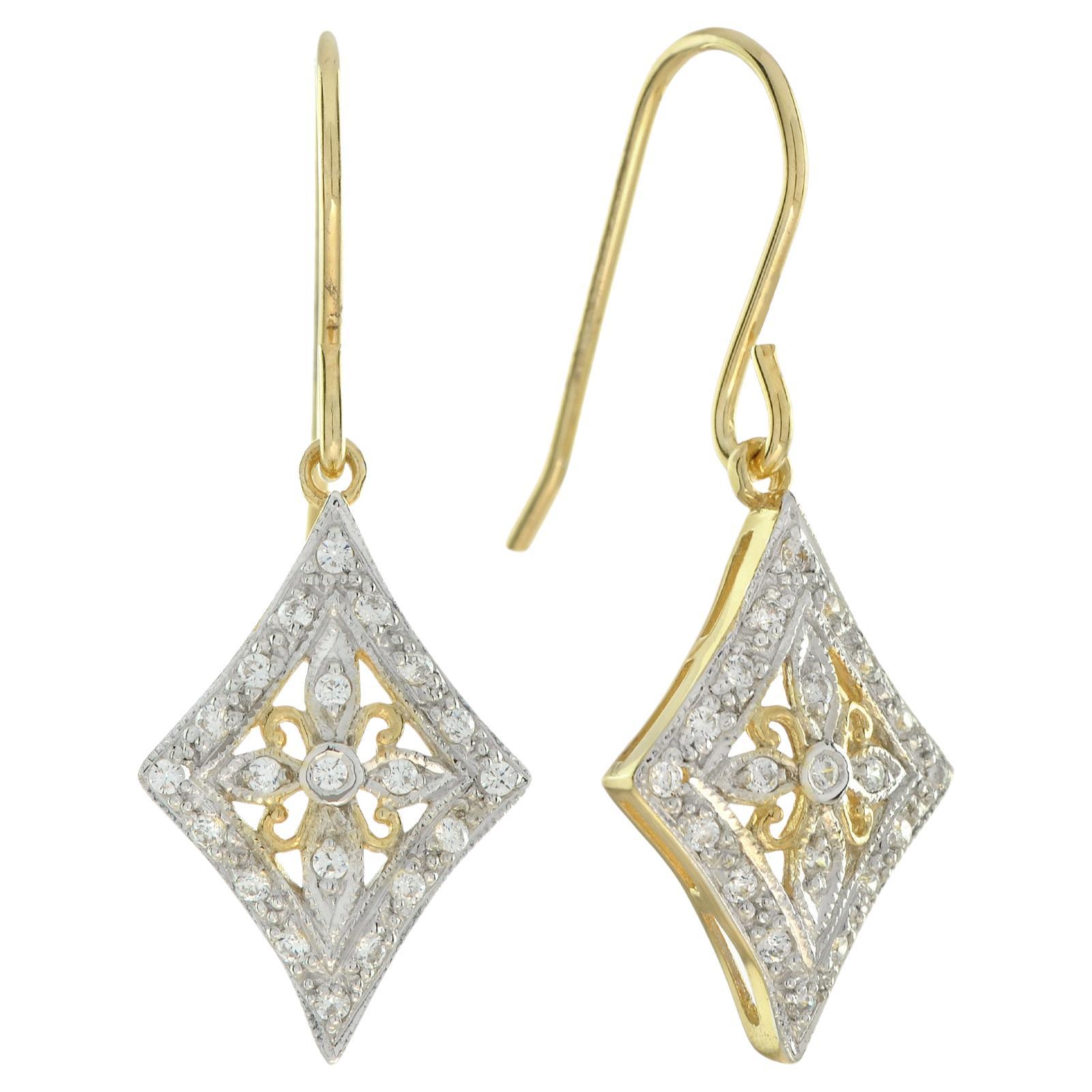 Vintage Style Diamond Floral Diamond Shape Filigree Earrings in 14K Yellow Gold For Sale