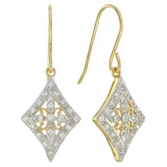 Vintage Style Diamond Floral Diamond Shape Filigree Earrings in 14K Yellow Gold