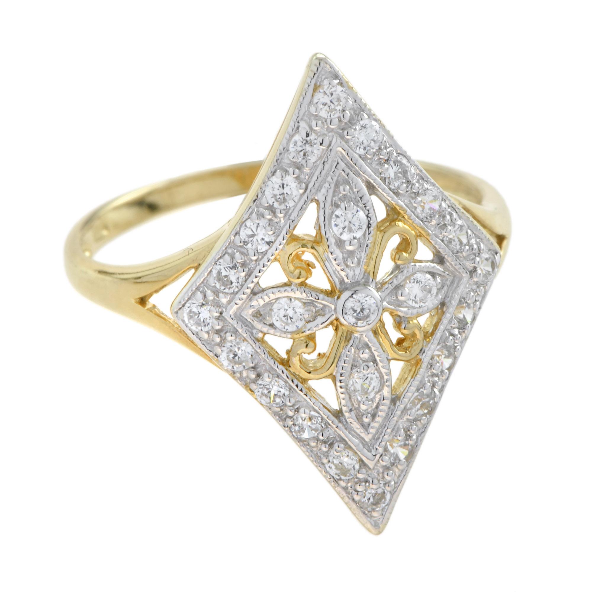 For Sale:  Vintage Style Diamond Floral Filigree Ring in 14K Yellow Gold 2