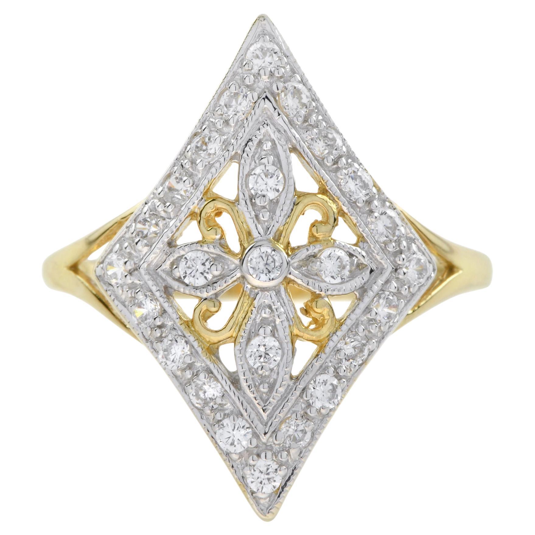For Sale:  Vintage Style Diamond Floral Filigree Ring in 14K Yellow Gold