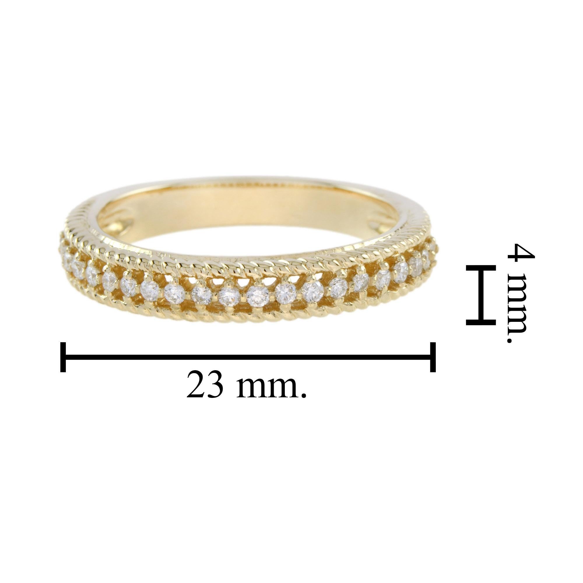 A lovely vintage style wedding band is adorned with fine milgrain on the edges and is set with dazzling diamonds with a total weight of 0.42 carat. The band is …. wide and is available in all precious metals.
Ring Information
Style: Vintage
 Total
