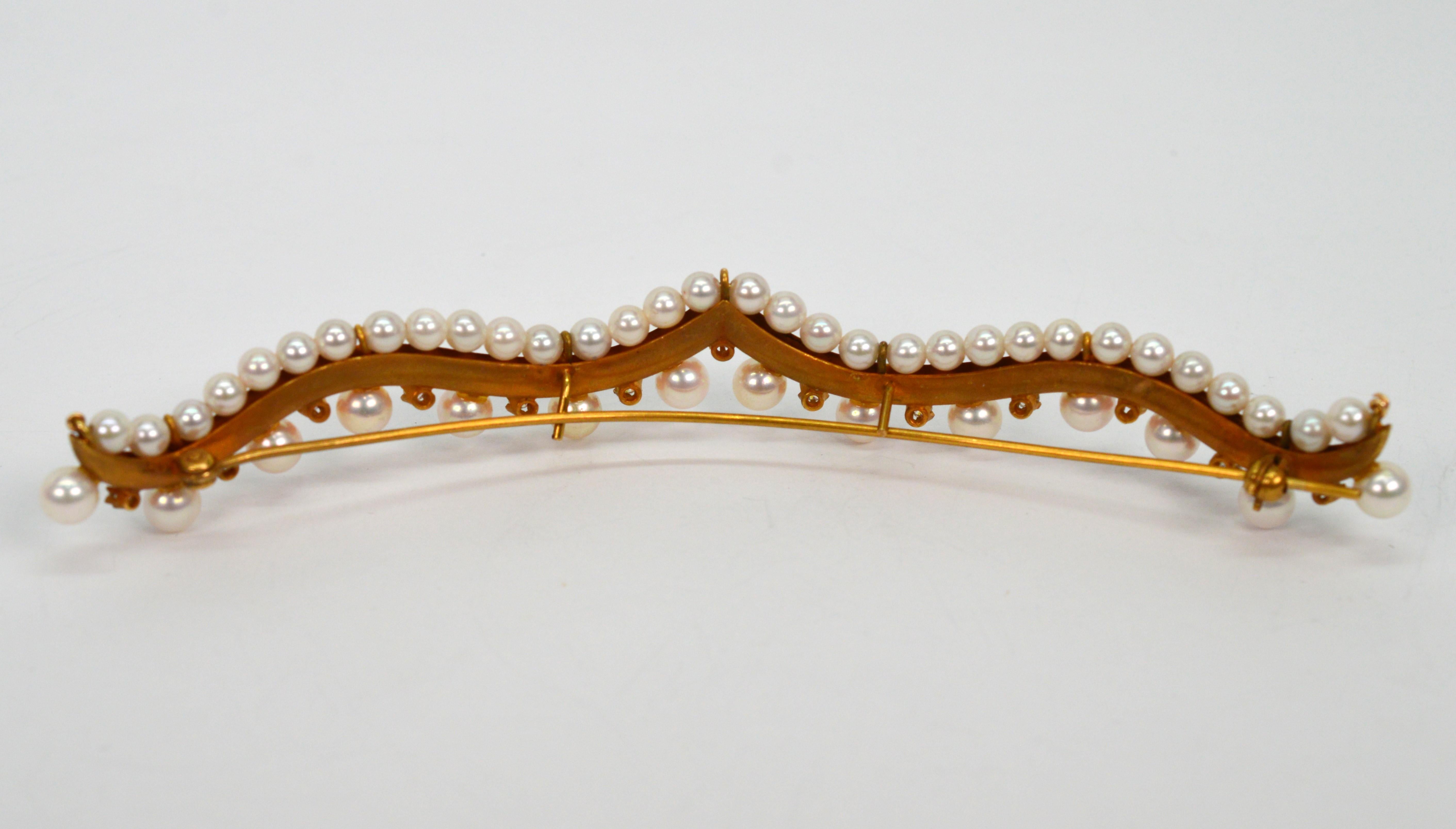 Vintage Style Diamond Pearl 14 Karat Yellow Gold Bridal Hair Barrette Brooche In Good Condition For Sale In Mount Kisco, NY