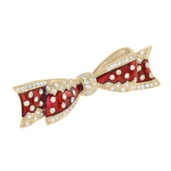 Vintage Style Diamond & Red Enamel Ribbon Bow 14K Yellow Gold Pin Brooch