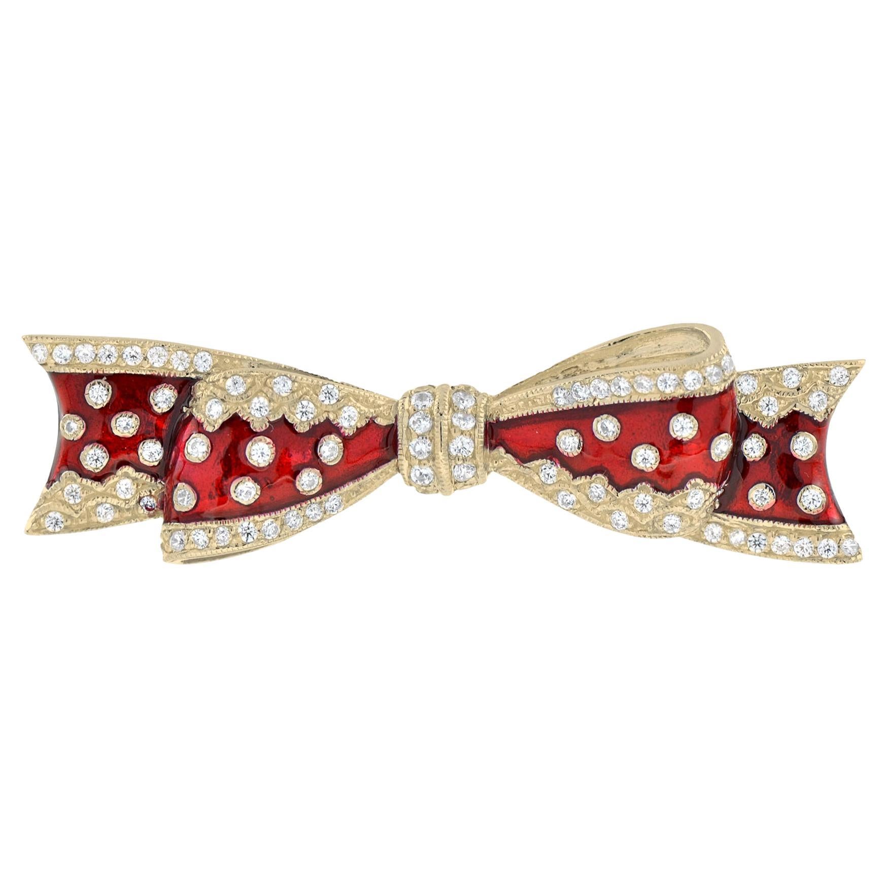 Vintage Style Diamond & Red Enamel Ribbon Bow 14K Yellow Gold Pin Brooch