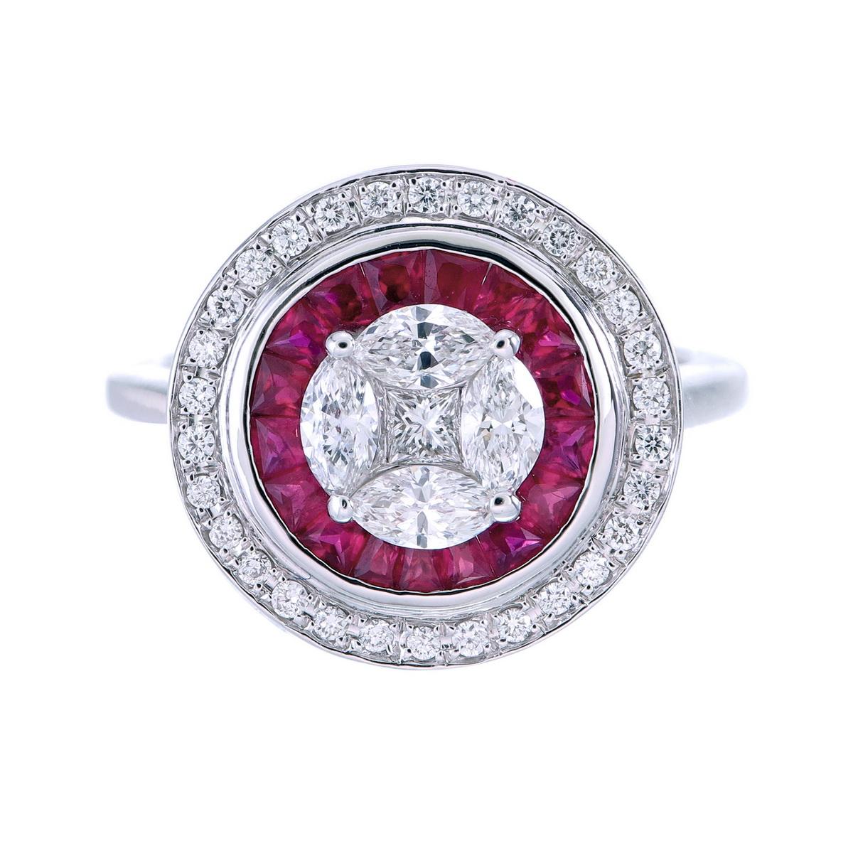 Circular design with Natural Ruby & diamond halo ring.

This incredible Diamonds engagement ring features a 0.70 ct diamonds  (G VS), surrounded by a beautiful halo of 0.64ct total weight of rubies which are customized & invisible set without any