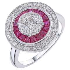 Vintage style diamond & ruby set halo ring