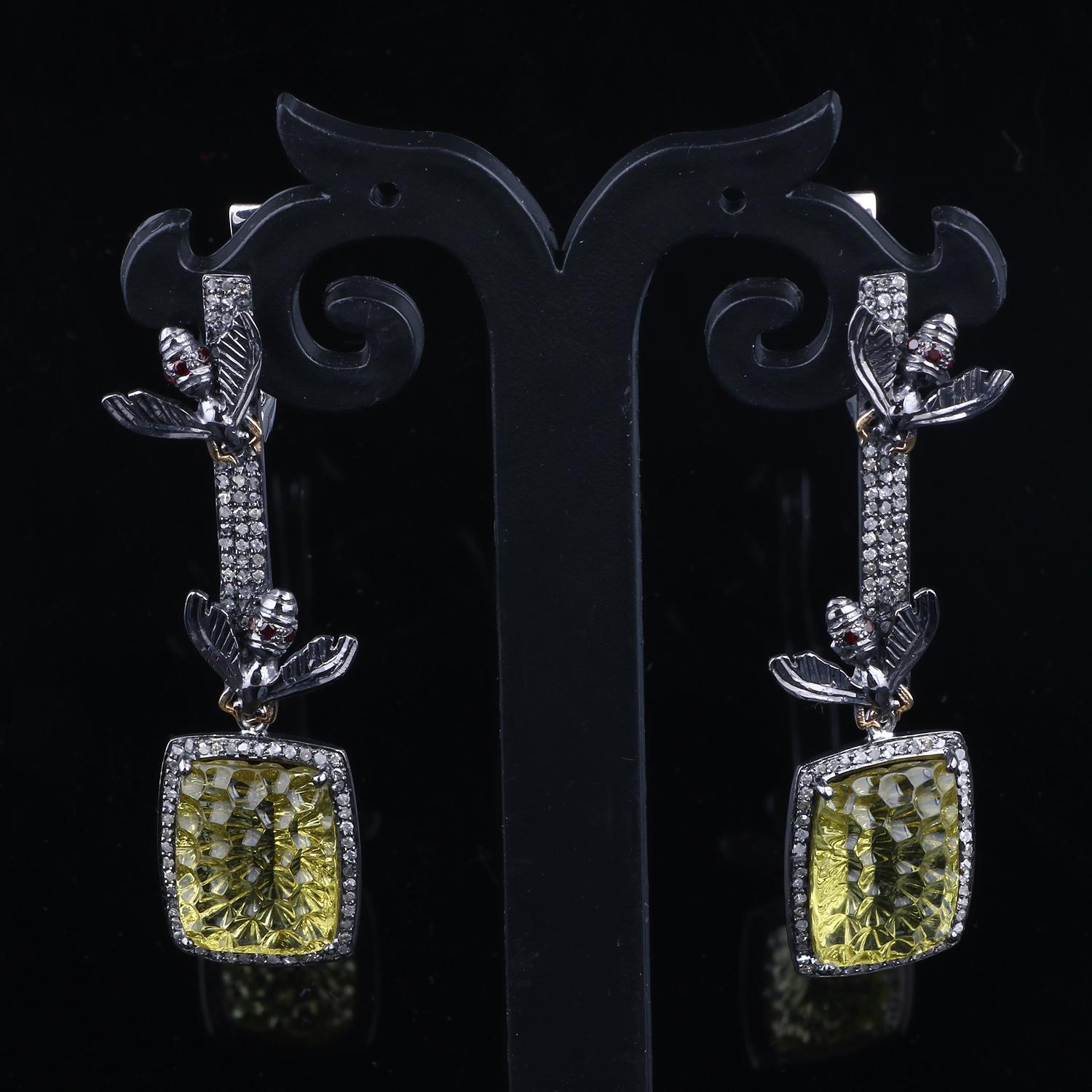Victorian Vintage Style Diamond Silver Earrings, Lemon Quartz, Red Garnet Dangle Earrings For Sale