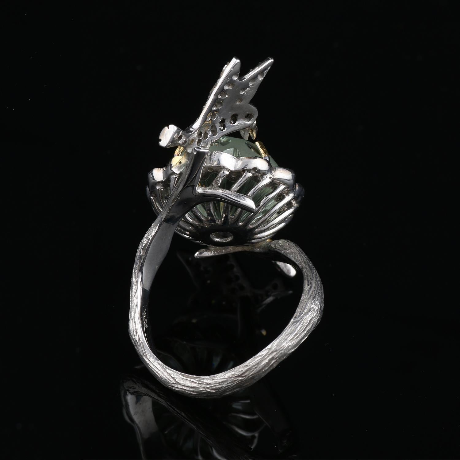 Victorian Vintage Style Diamond Silver Green Amethyst Wedding Bird Shape Cocktail Ring For Sale