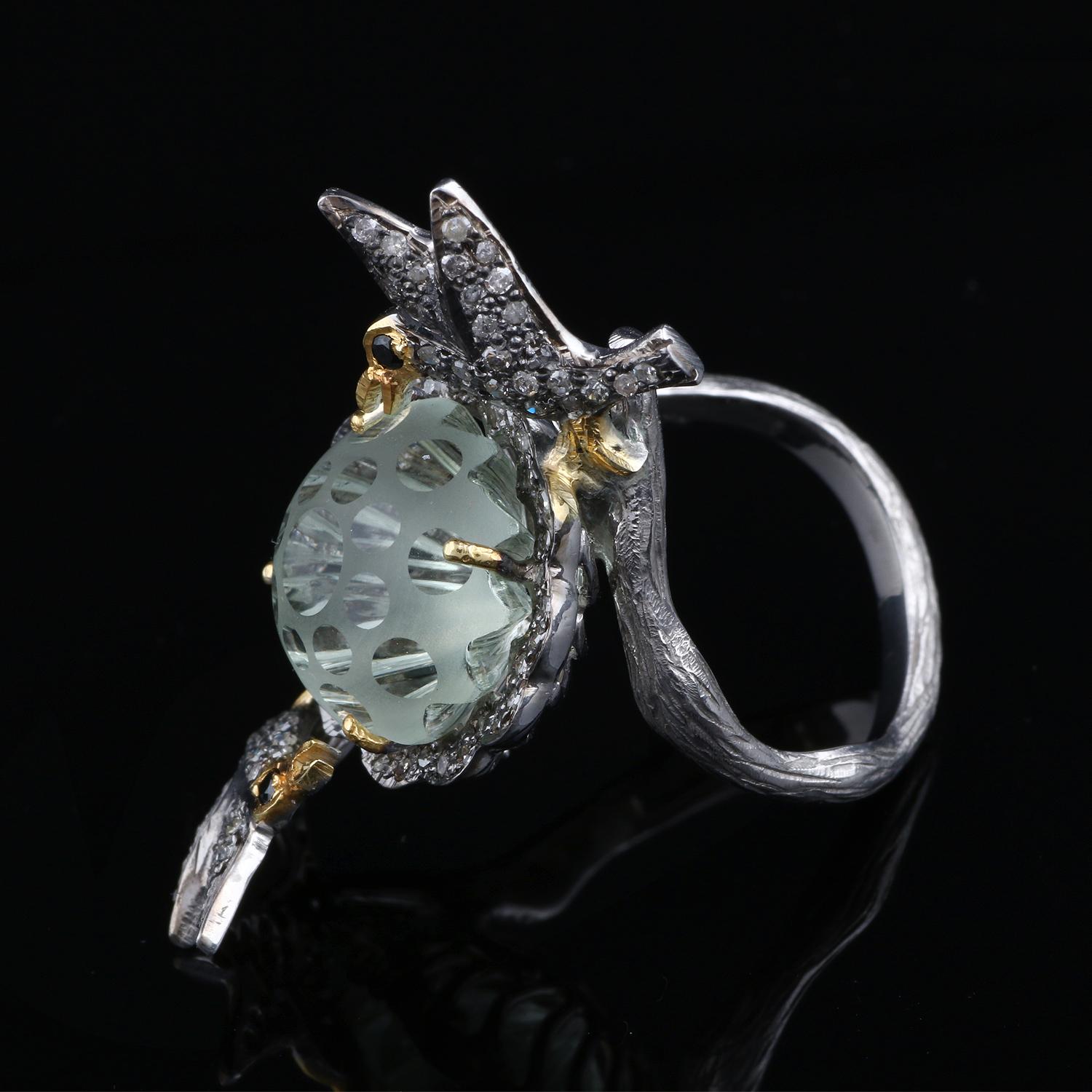 Round Cut Vintage Style Diamond Silver Green Amethyst Wedding Bird Shape Cocktail Ring For Sale