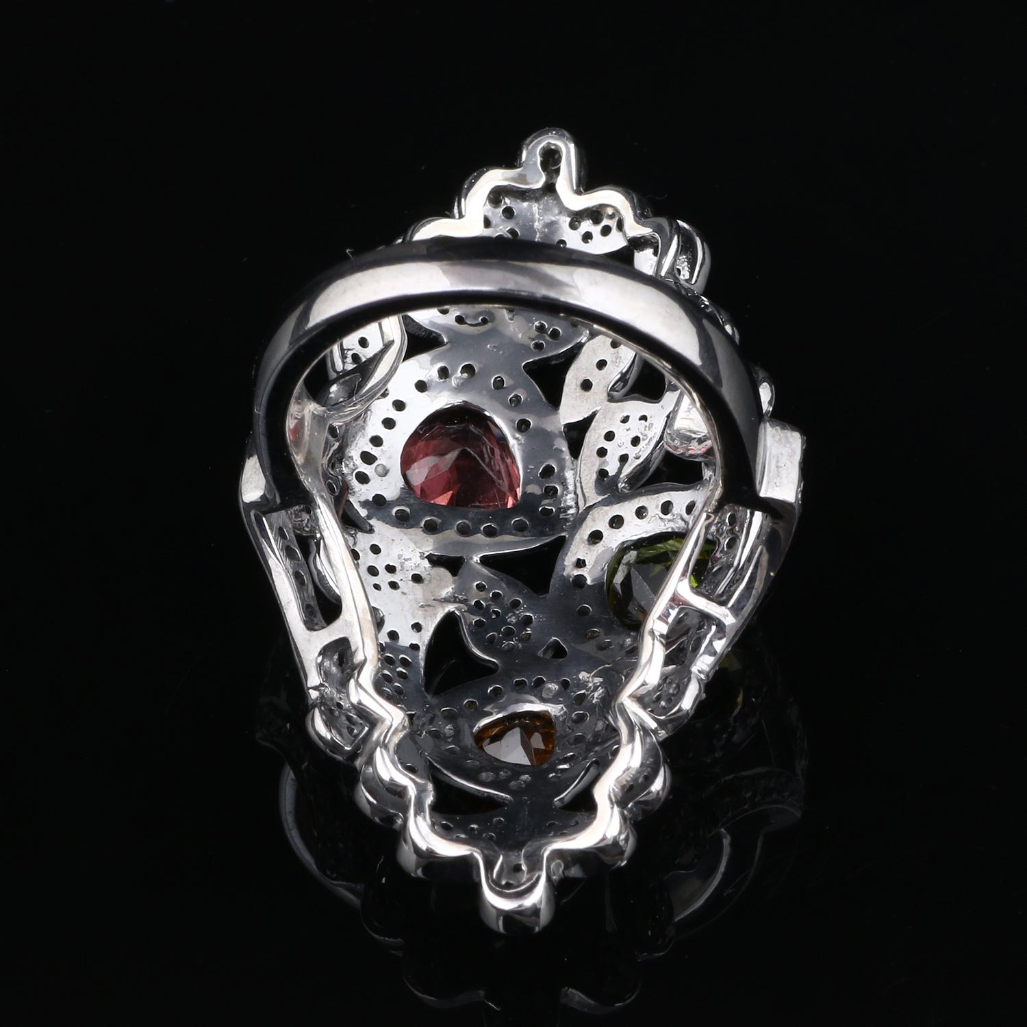 Victorian Vintage Style Diamond Silver Tourmaline & Citrine Anniversary Cocktail Ring For Sale