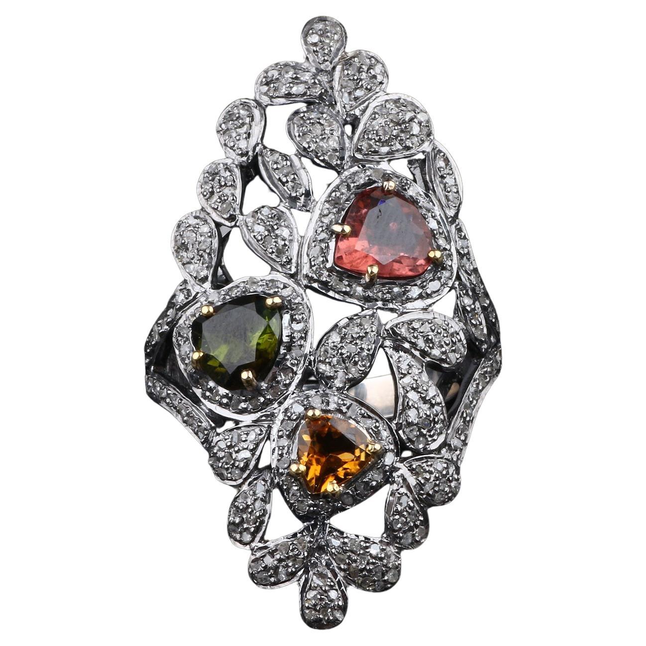 Vintage Style Diamond Silver Tourmaline & Citrine Anniversary Cocktail Ring For Sale