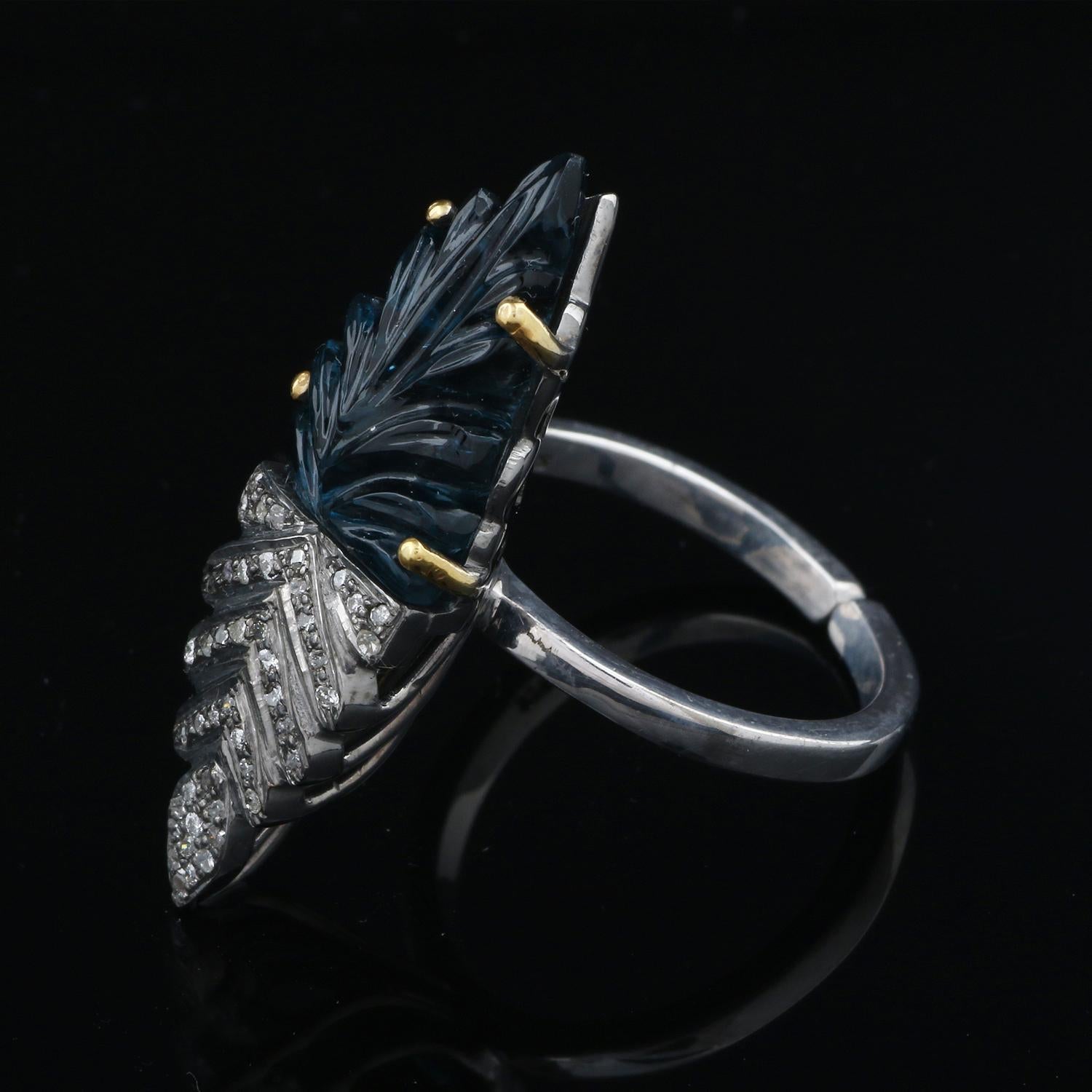 Victorian Vintage Style Diamond Silver Tourmaline Wedding Leaf Shape Anniversary Ring, 7 For Sale