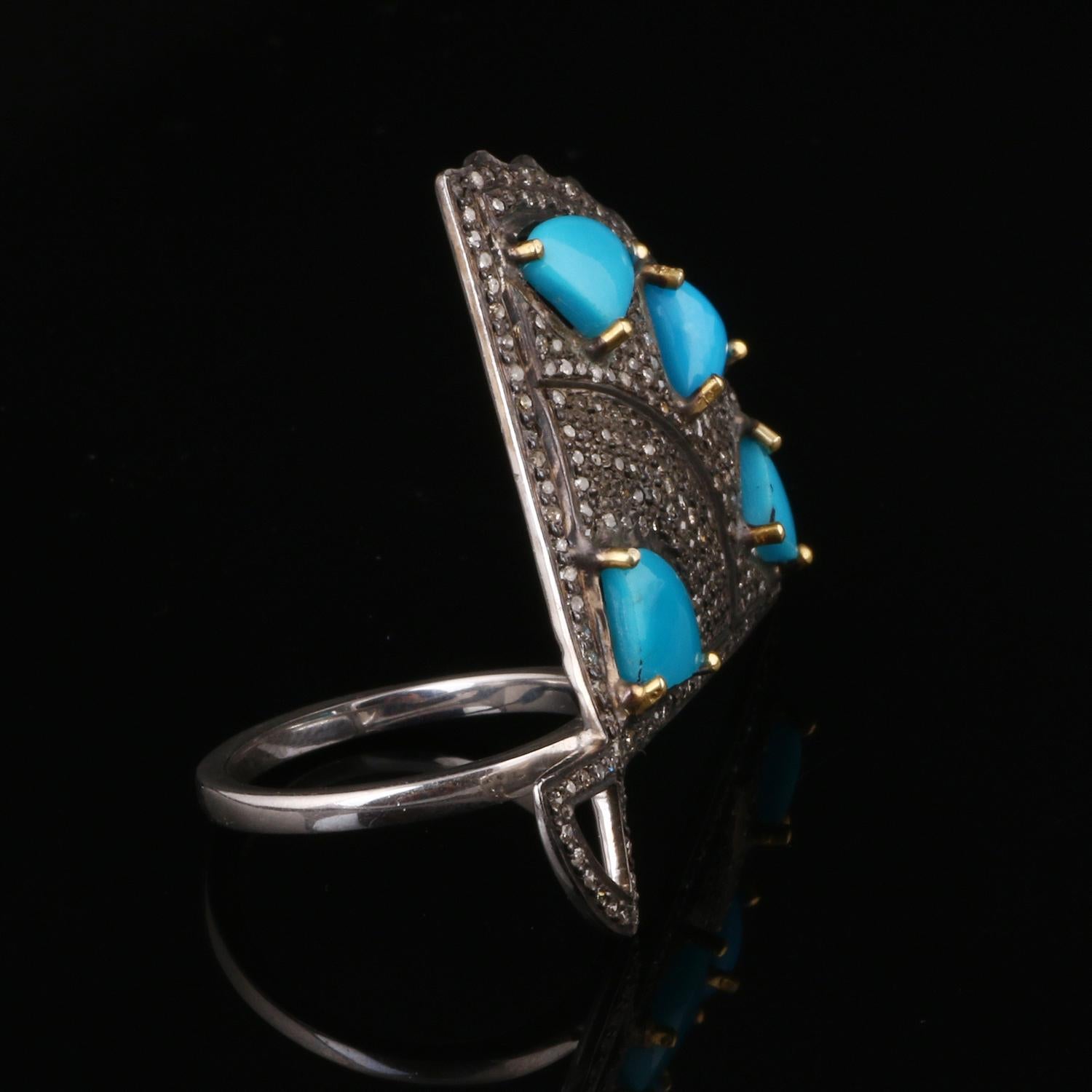 Victorian Vintage Style Diamond Silver Turquoise Gemstone Anniversary Ring, Gift for Her For Sale