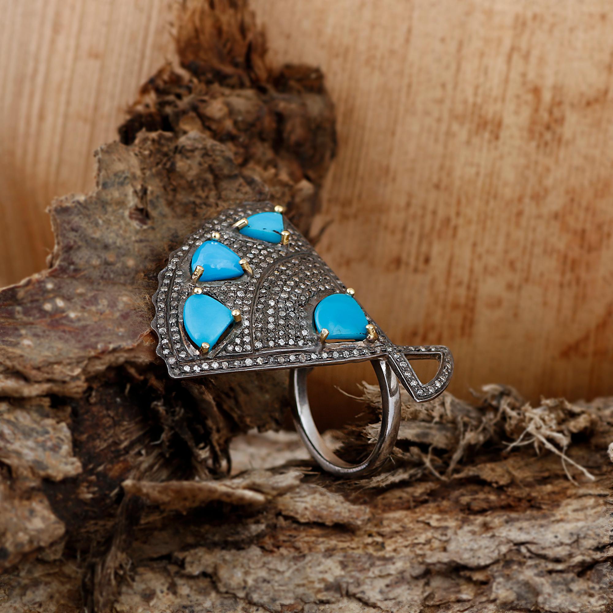 Vintage Style Diamond Silver Turquoise Gemstone Anniversary Ring, Gift for Her In New Condition For Sale In Jaipur, RJ