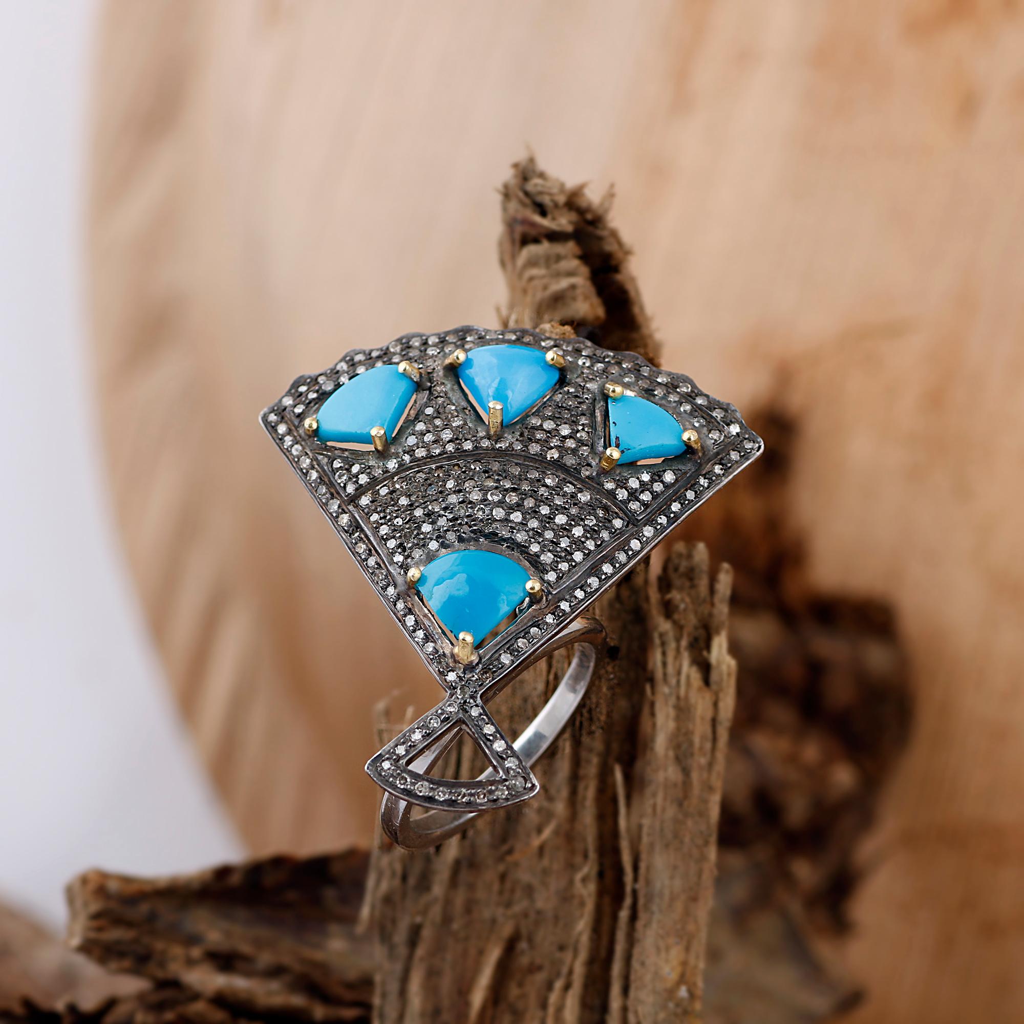 Vintage Style Diamond Silver Turquoise Gemstone Anniversary Ring, Gift for Her For Sale 1