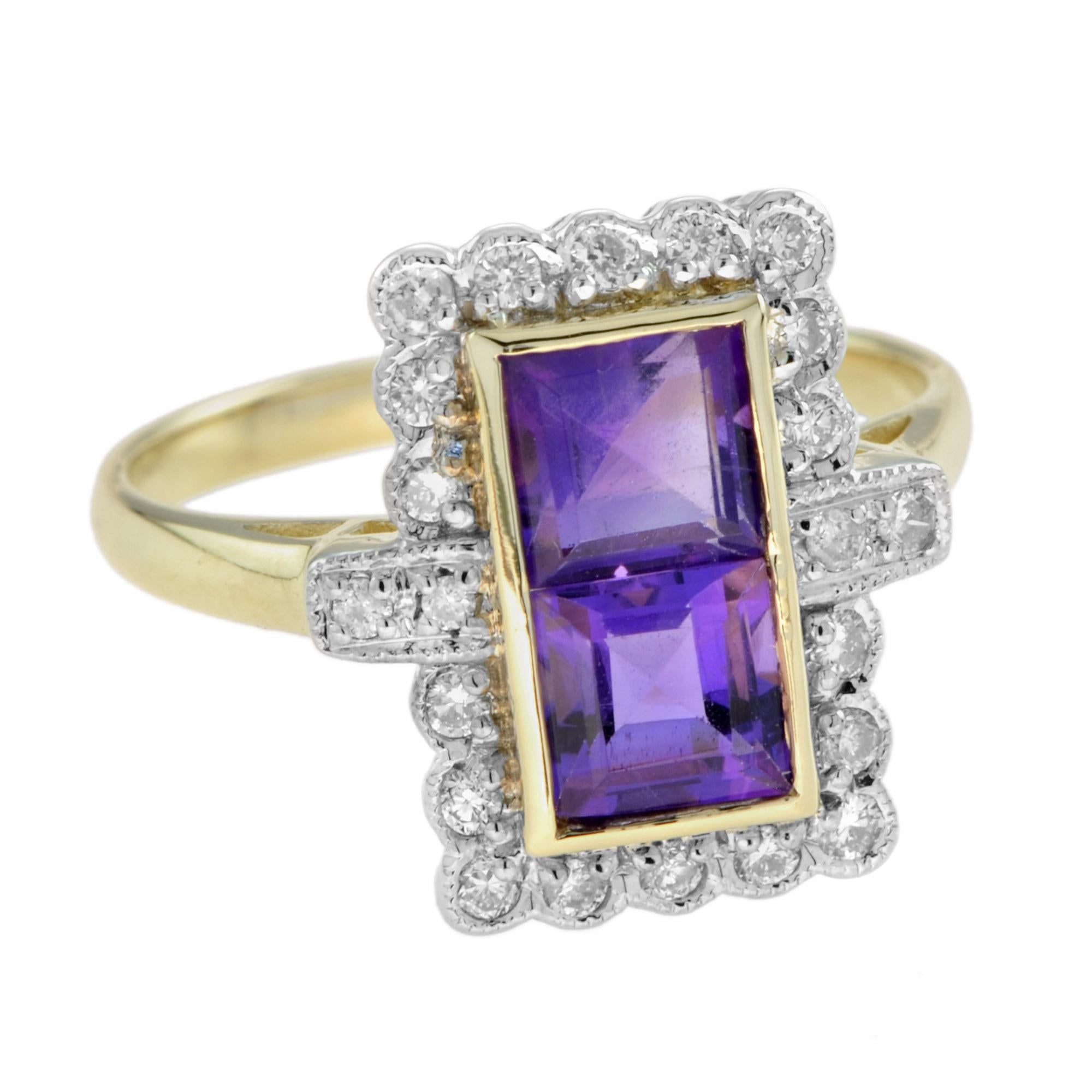 This beautiful Vintage inspired amethyst ring is centered with two square cut amethysts and accented with sparkling diamond halo. The ring is craft of 9k yellow gold with white edge diamond part. Adorn yourself with this February birthstone
