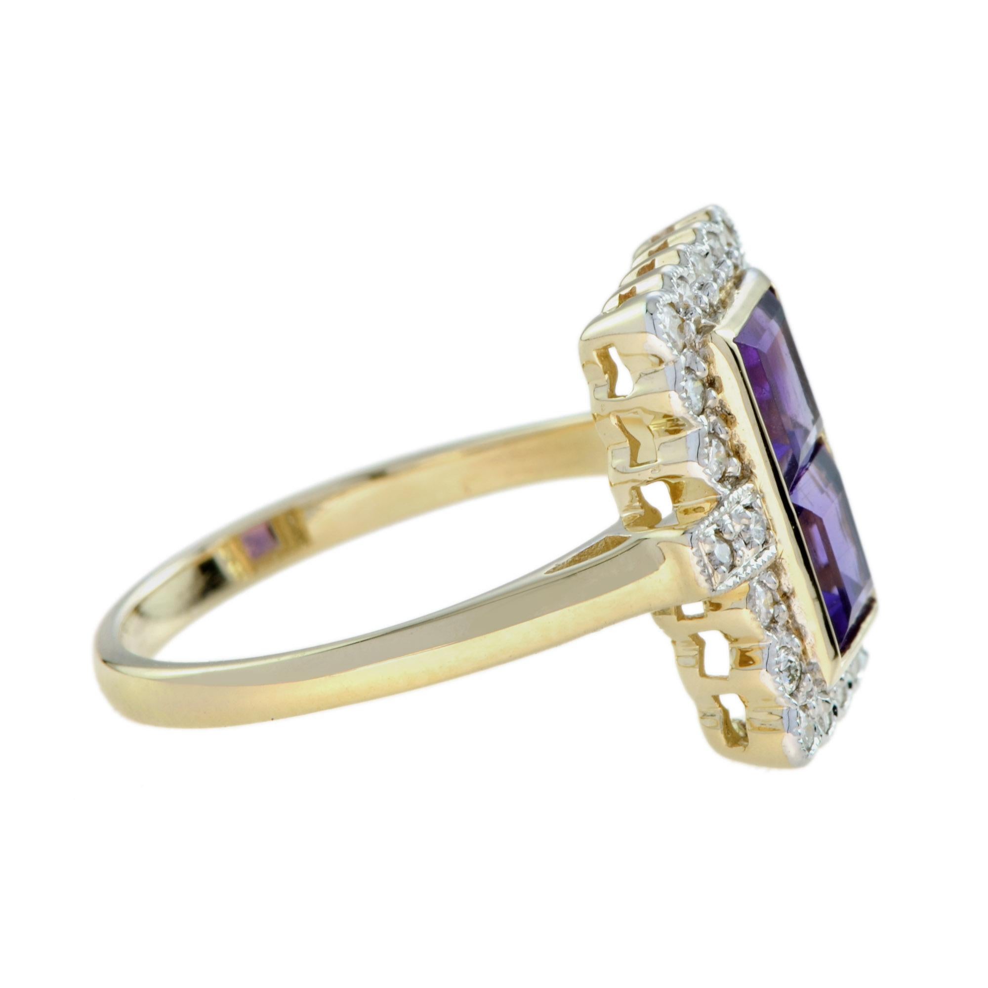 Art Deco Vintage Style Double Amethyst and Diamond Halo Ring in 9K Yellow Gold For Sale