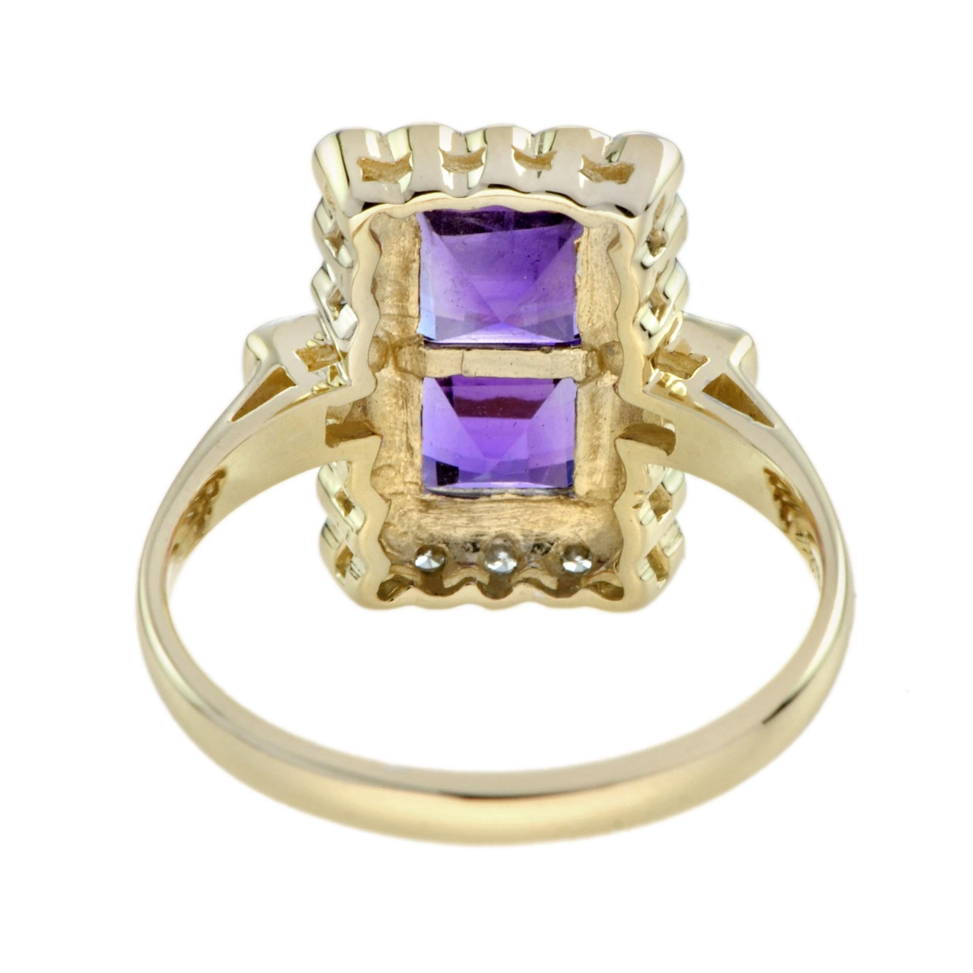 Square Cut Vintage Style Double Amethyst and Diamond Halo Ring in 9K Yellow Gold For Sale