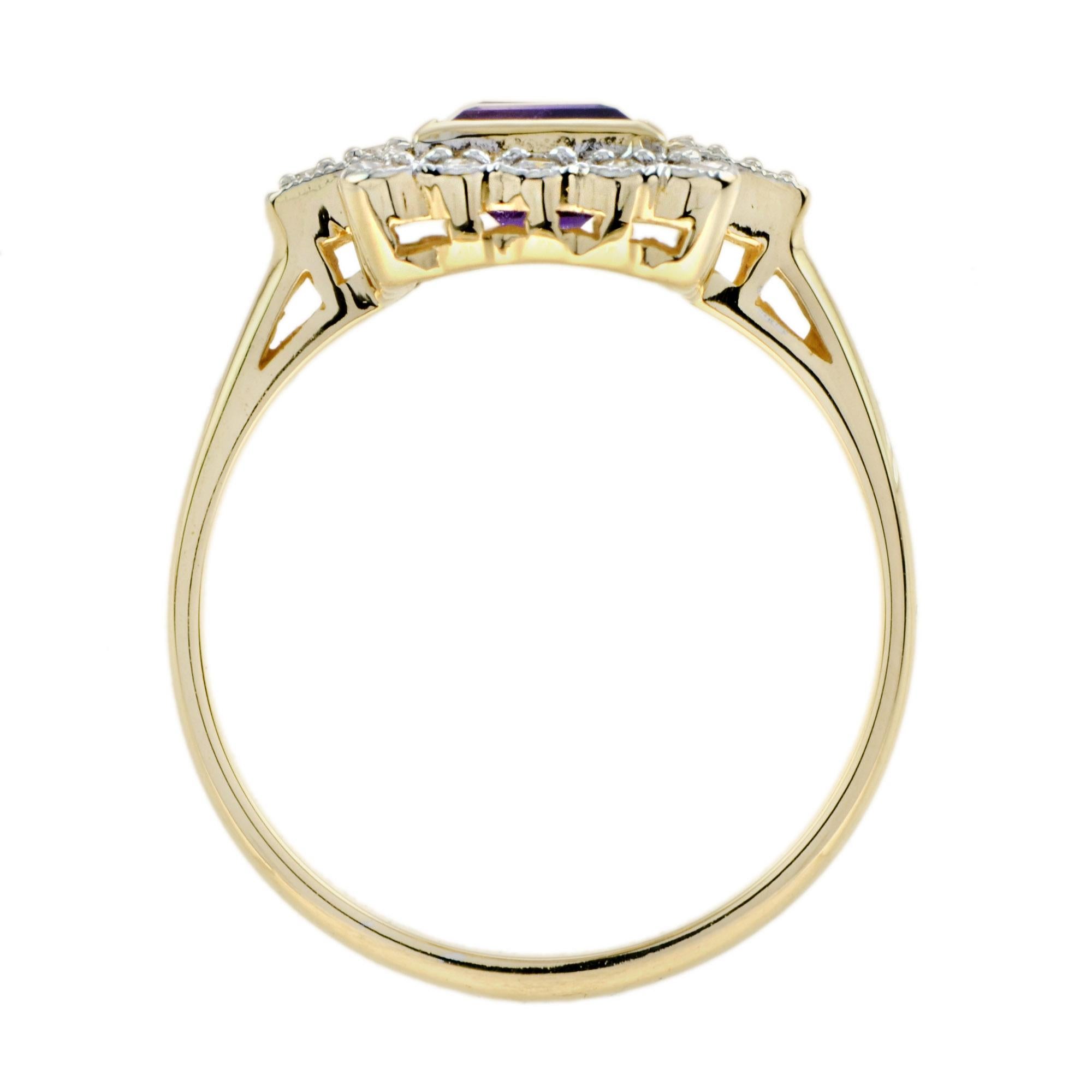 Doppelter Amethyst- und Diamant-Halo-Ring aus 9 Karat Gelbgold im Vintage-Stil im Zustand „Neu“ im Angebot in Bangkok, TH