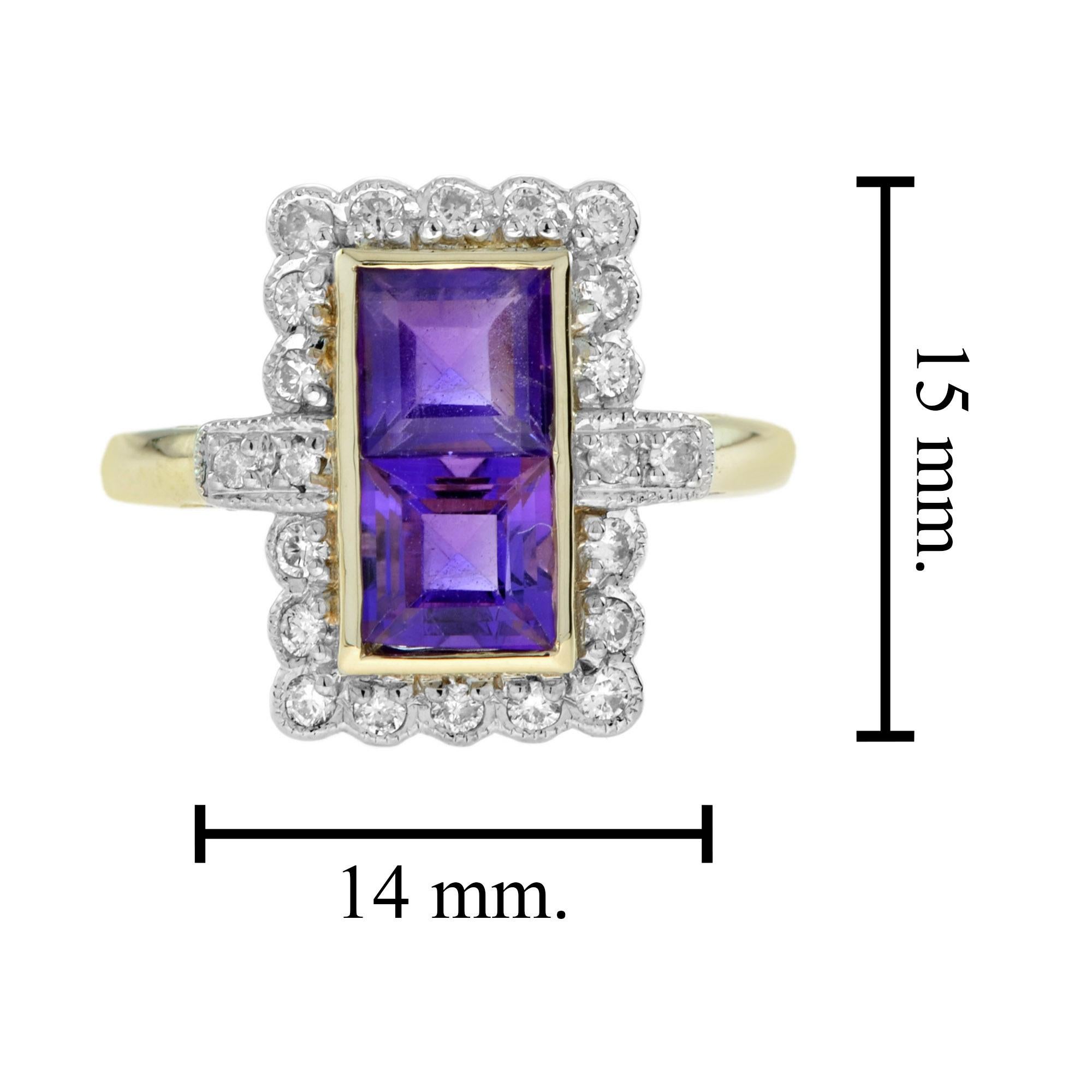 Women's Vintage Style Double Amethyst and Diamond Halo Ring in 9K Yellow Gold For Sale