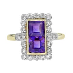 Vintage Style Double Amethyst and Diamond Halo Ring in 9K Yellow Gold