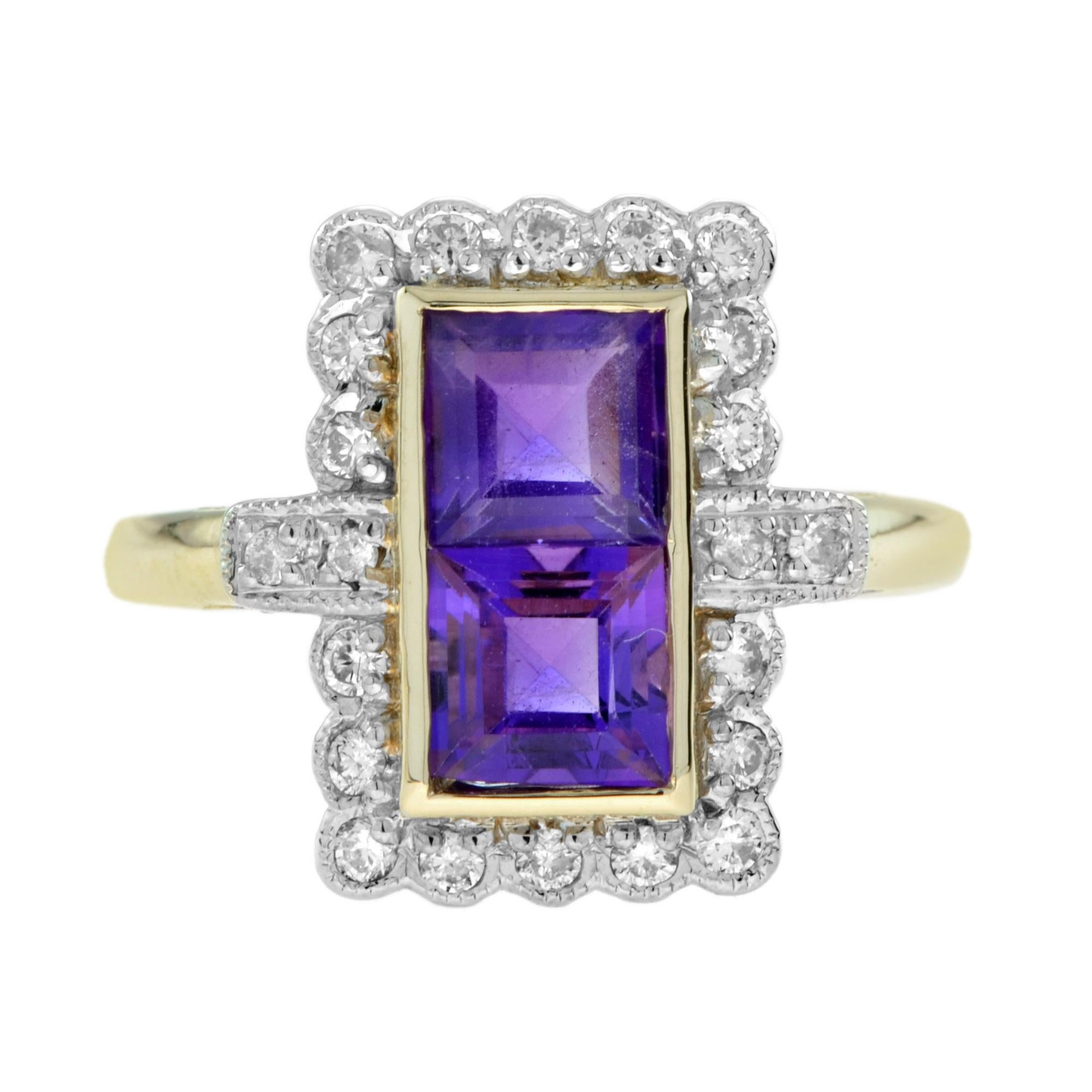 This beautiful Vintage inspired amethyst ring is centered with two square cut amethysts and accented with sparkling diamond halo. The ring is craft of gold with white edge diamond part. Adorn yourself with this February birthstone jewelry.
Ring