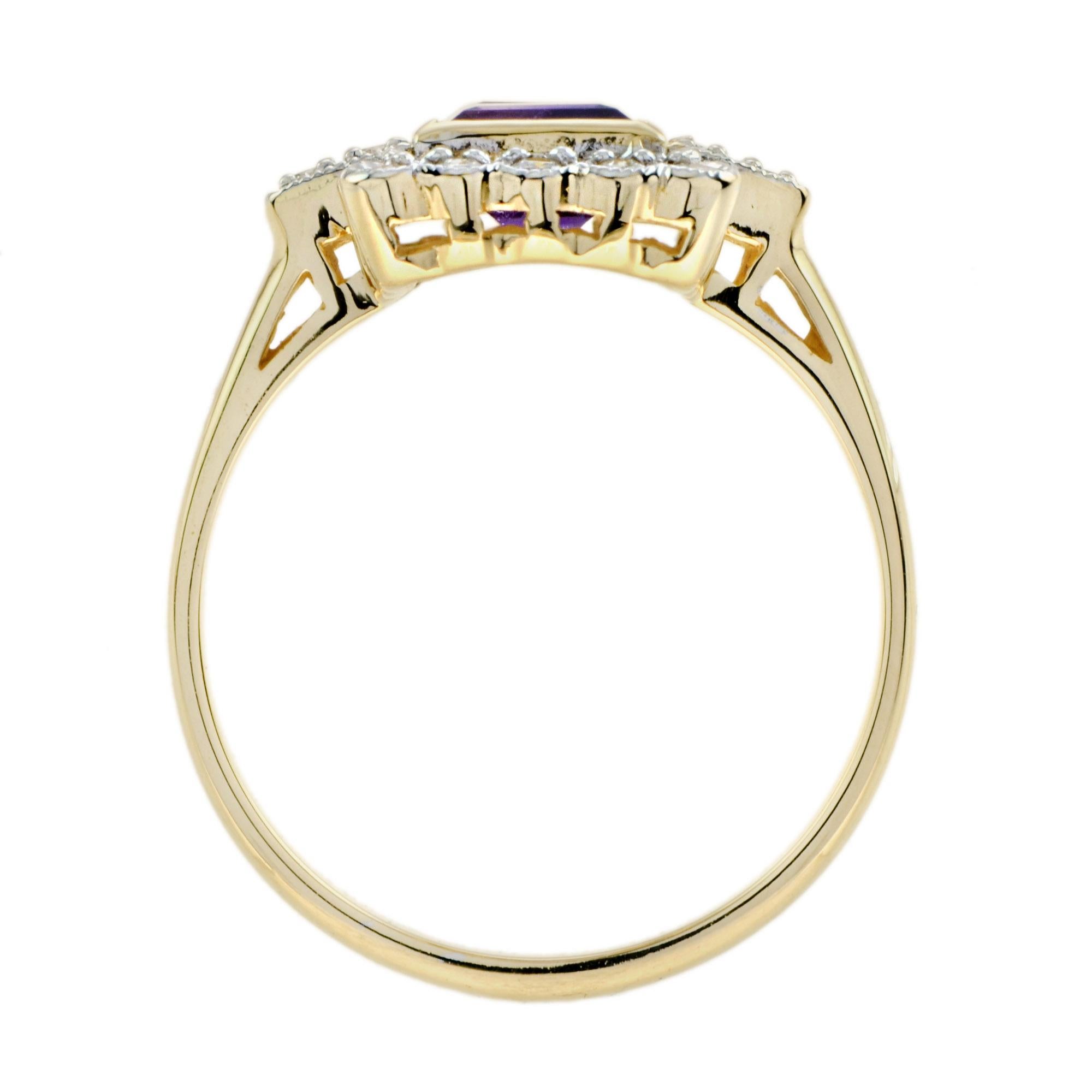 Vintage Style Double Amethyst & Diamond Yellow Gold Halo Ring (Carréeschliff) im Angebot