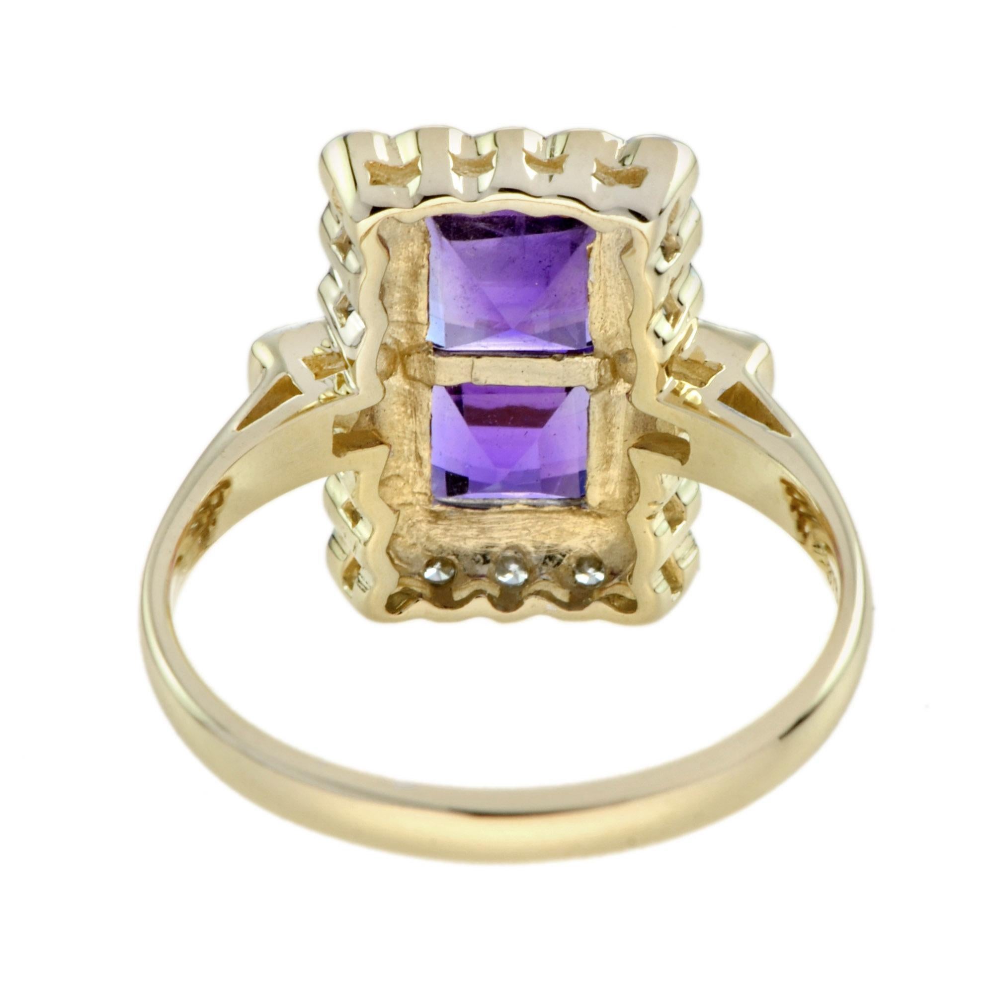 Vintage Style Double Amethyst & Diamond Yellow Gold Halo Ring im Zustand „Neu“ im Angebot in Oakton, VA