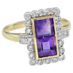 Vintage Style Double Amethyst & Diamond Yellow Gold Halo Ring