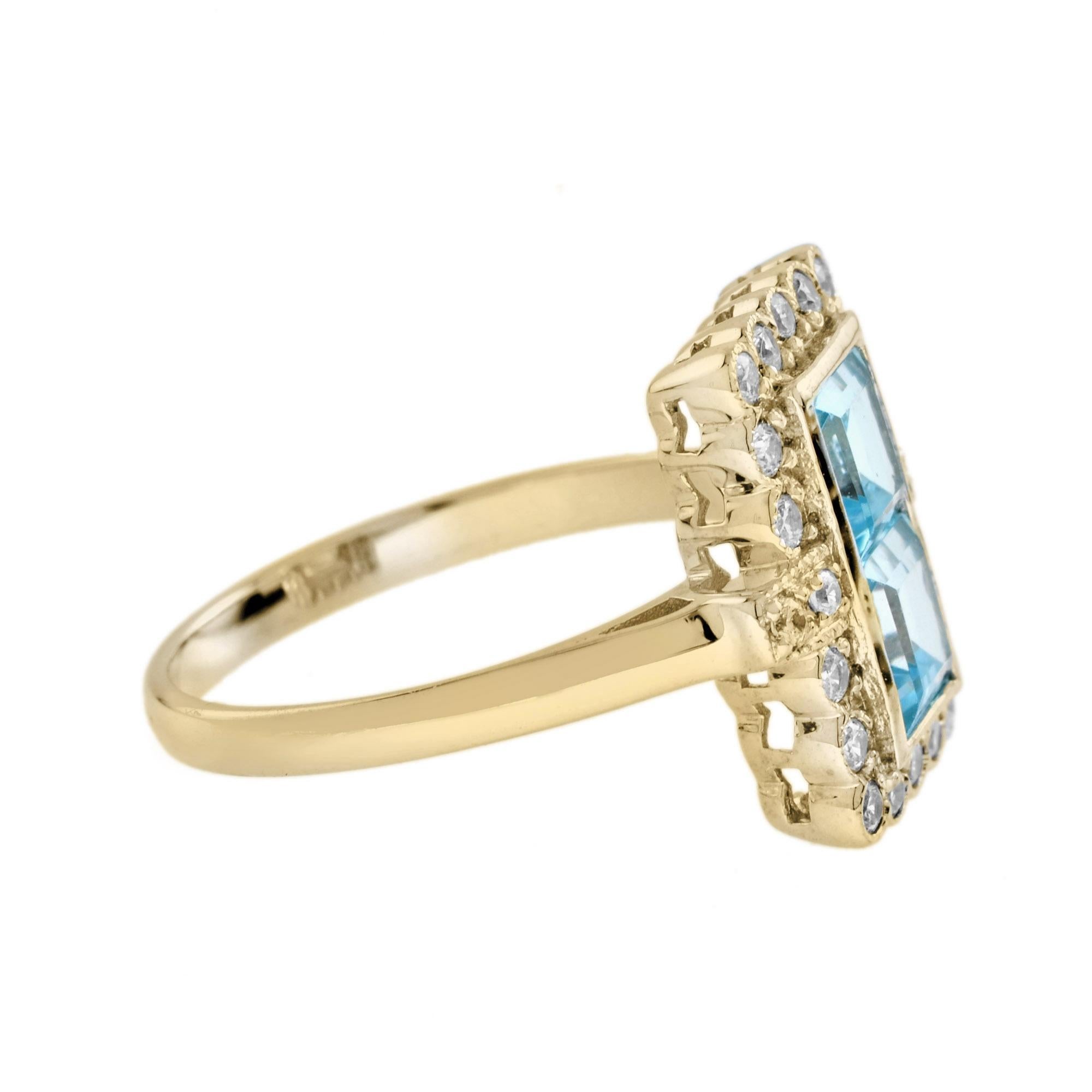 Art déco Bague de style vintage en or jaune 14 carats avec double topaze bleue et halo de diamants en vente