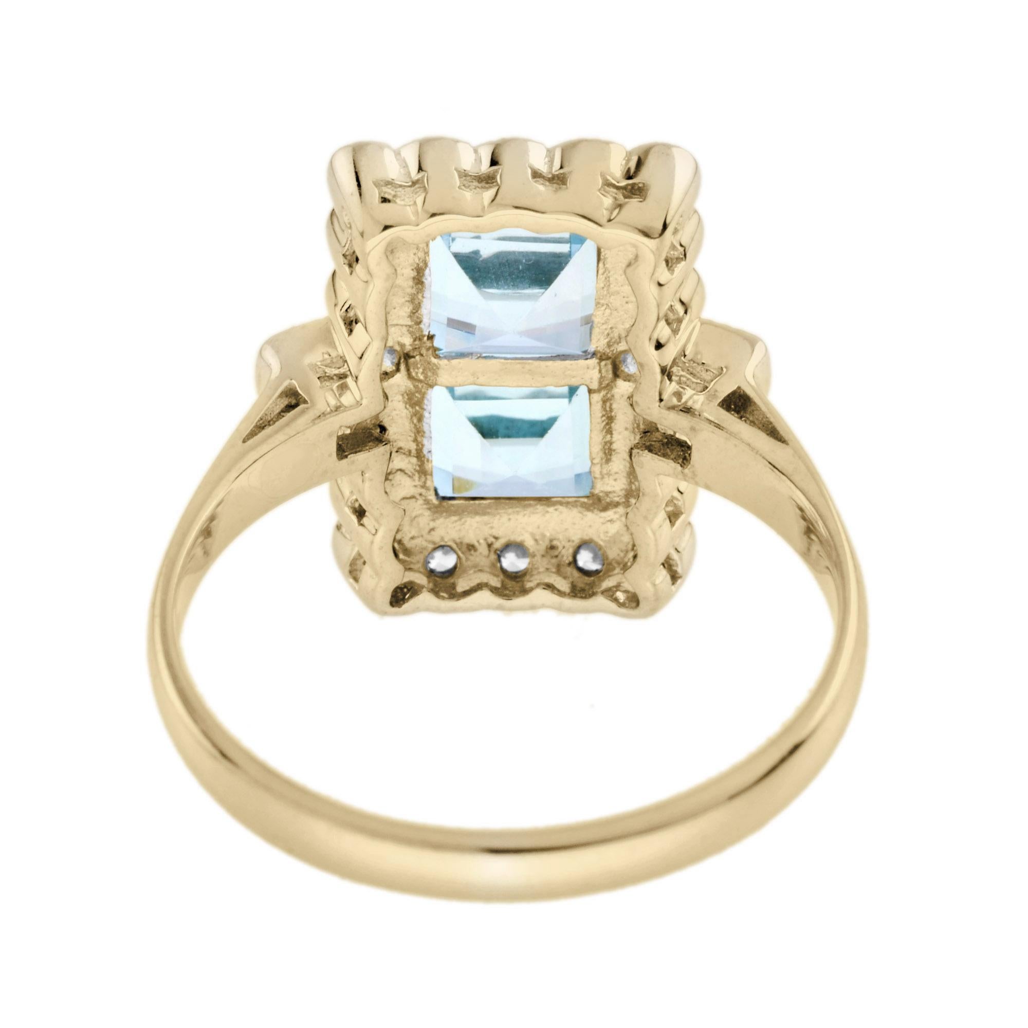 Taille carrée Bague de style vintage en or jaune 14 carats avec double topaze bleue et halo de diamants en vente