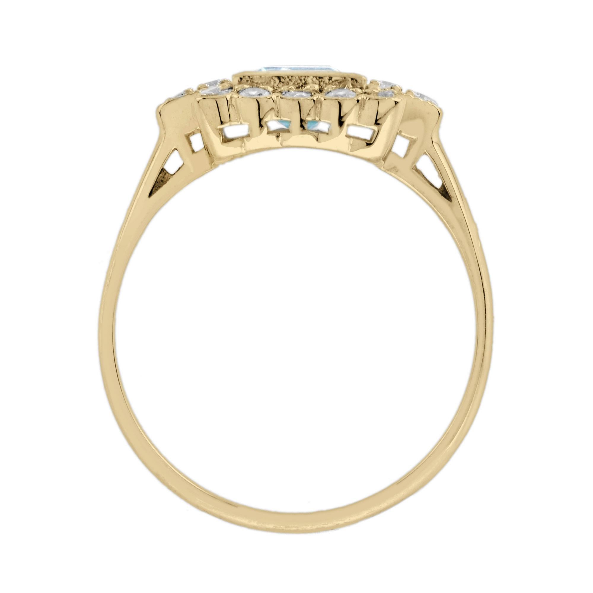 Bague de style vintage en or jaune 14 carats avec double topaze bleue et halo de diamants Neuf - En vente à Bangkok, TH
